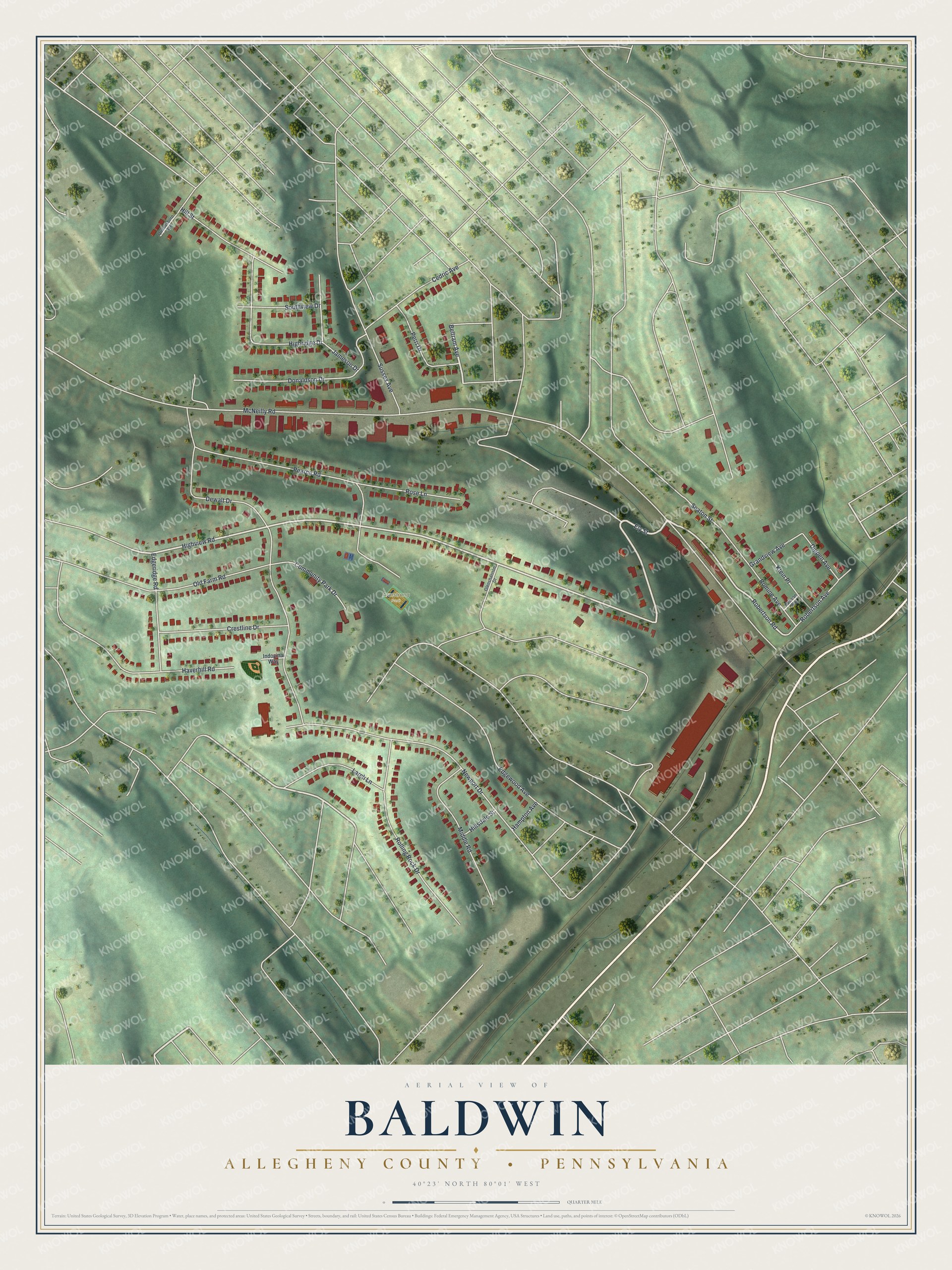 Full map of Baldwin Township, Pennsylvania, with red buildings, printed street names and the land around them