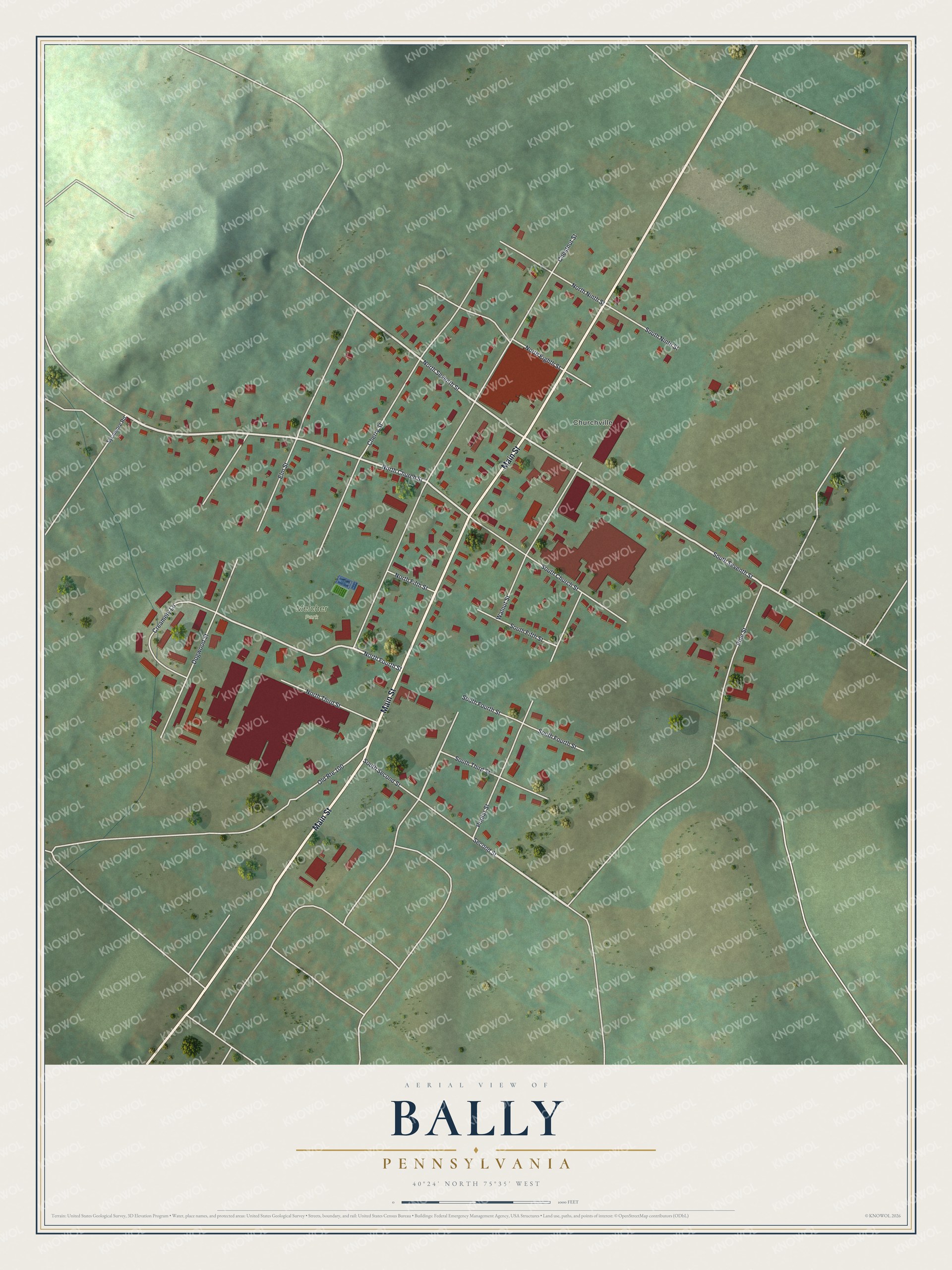 Full map of Bally, Pennsylvania, with red buildings, printed street names and the land around them