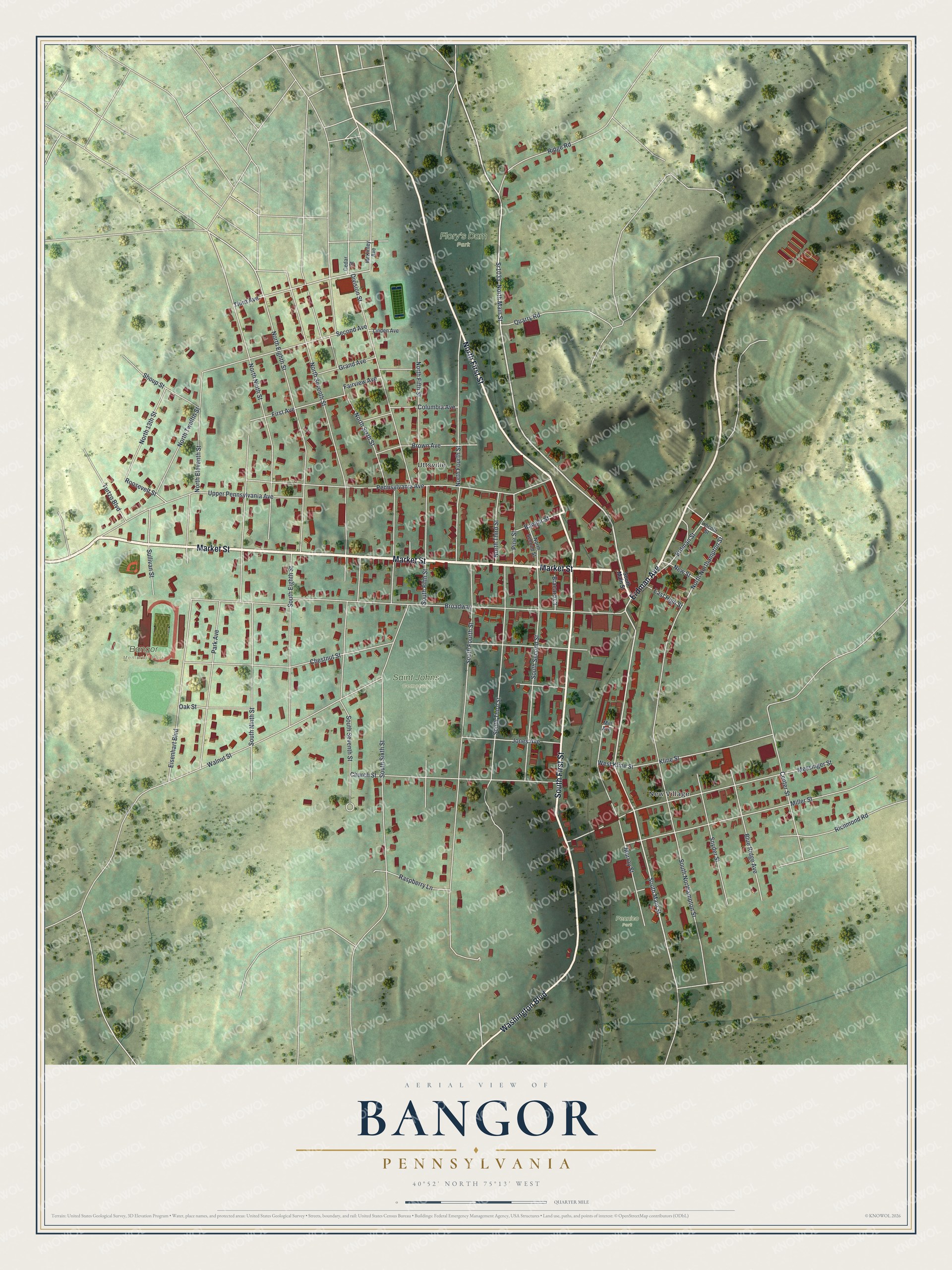 Full map of Bangor, Pennsylvania, with red buildings, printed street names and the land around them
