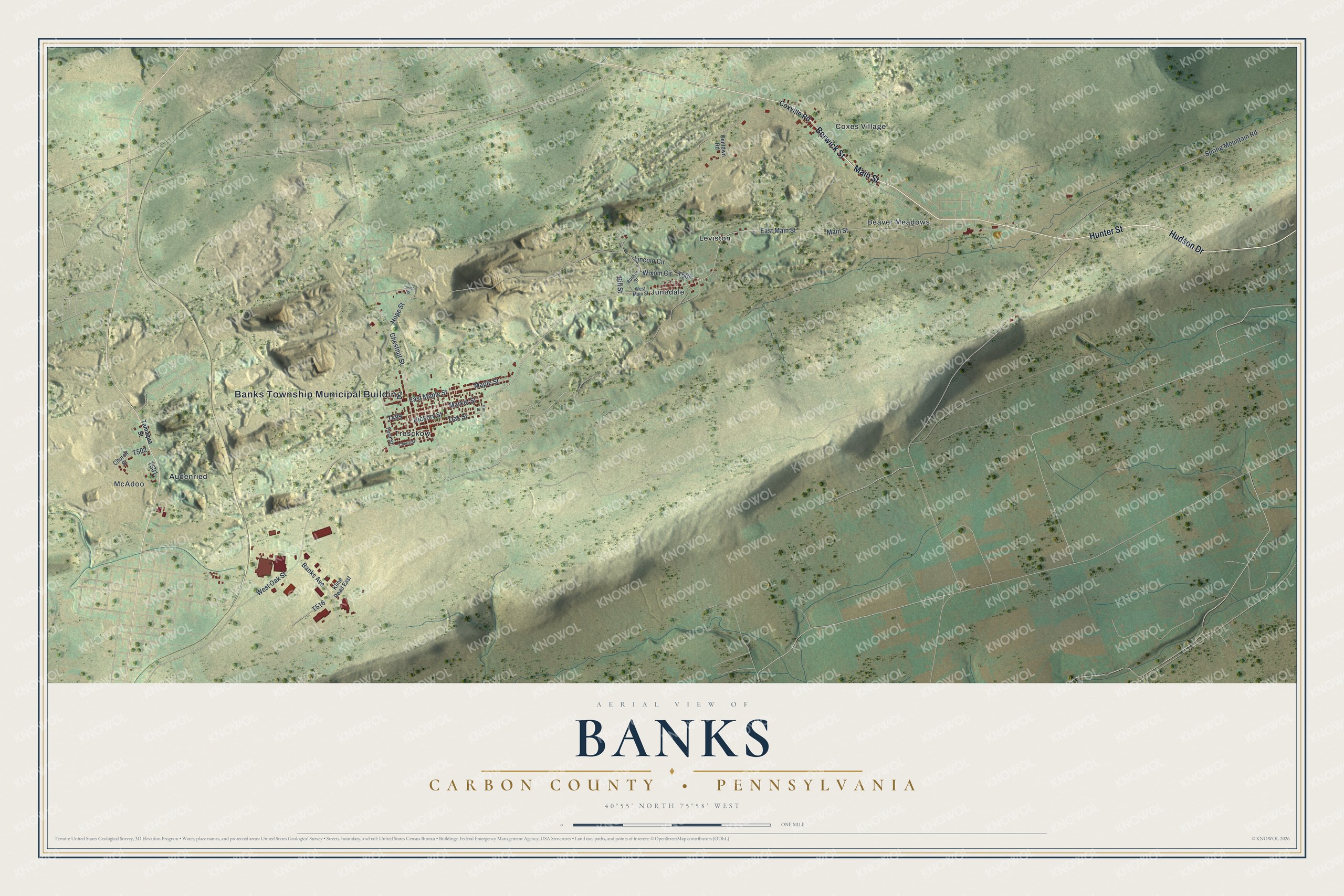 Aerial map of Banks Township in Carbon County, Pennsylvania, with Tresckow, Junedale and Leviston along green hills and a long ridge