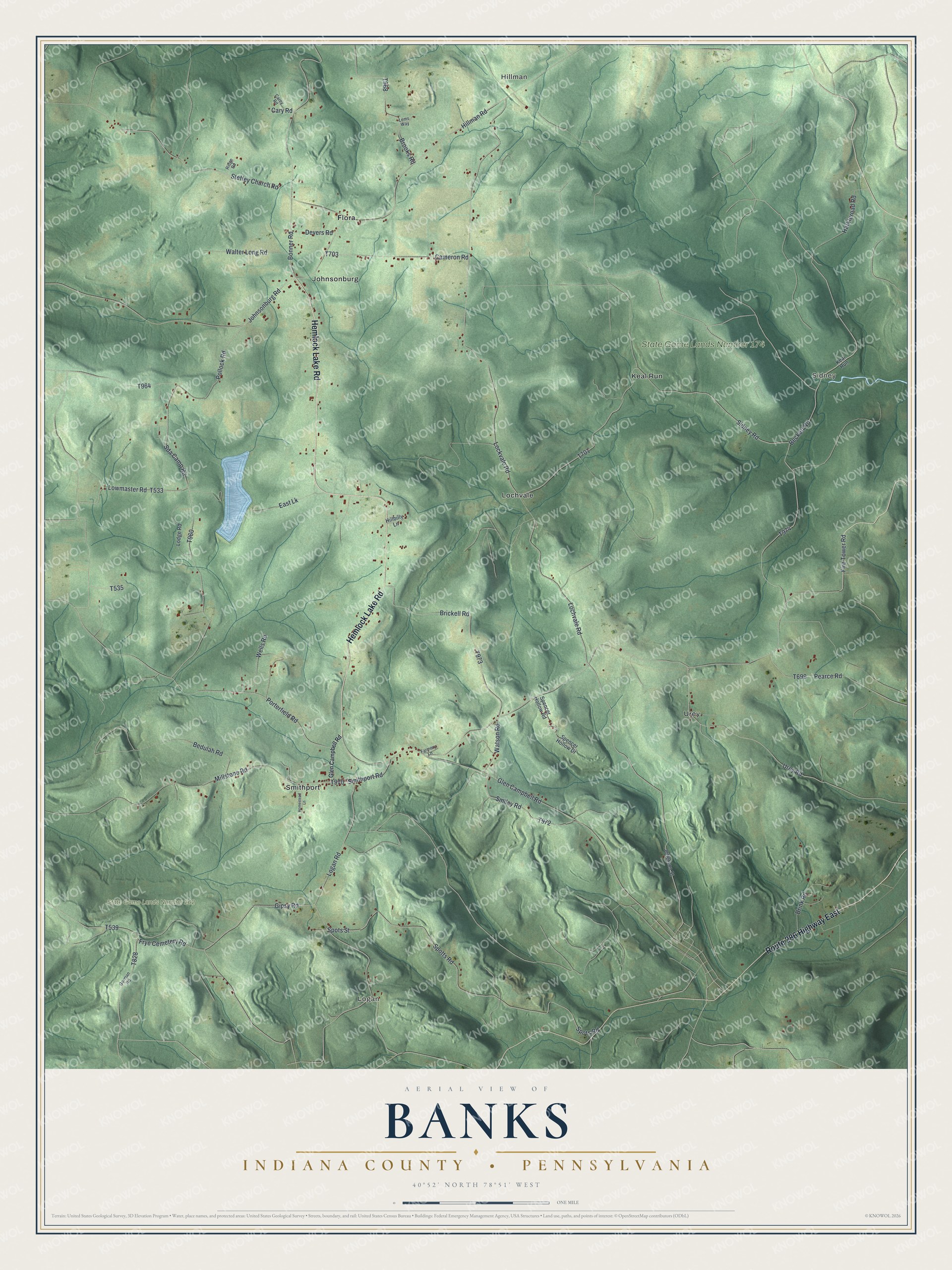 Full map of Banks, Indiana County, Pennsylvania, with red buildings, printed street names and the land around them