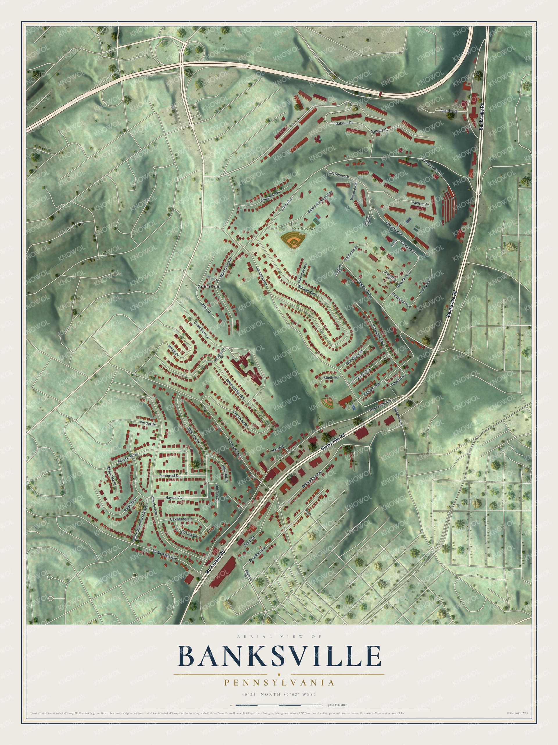 Aerial-style map of Banksville, Pennsylvania with green shaded hills, red buildings and winding streets along a valley road