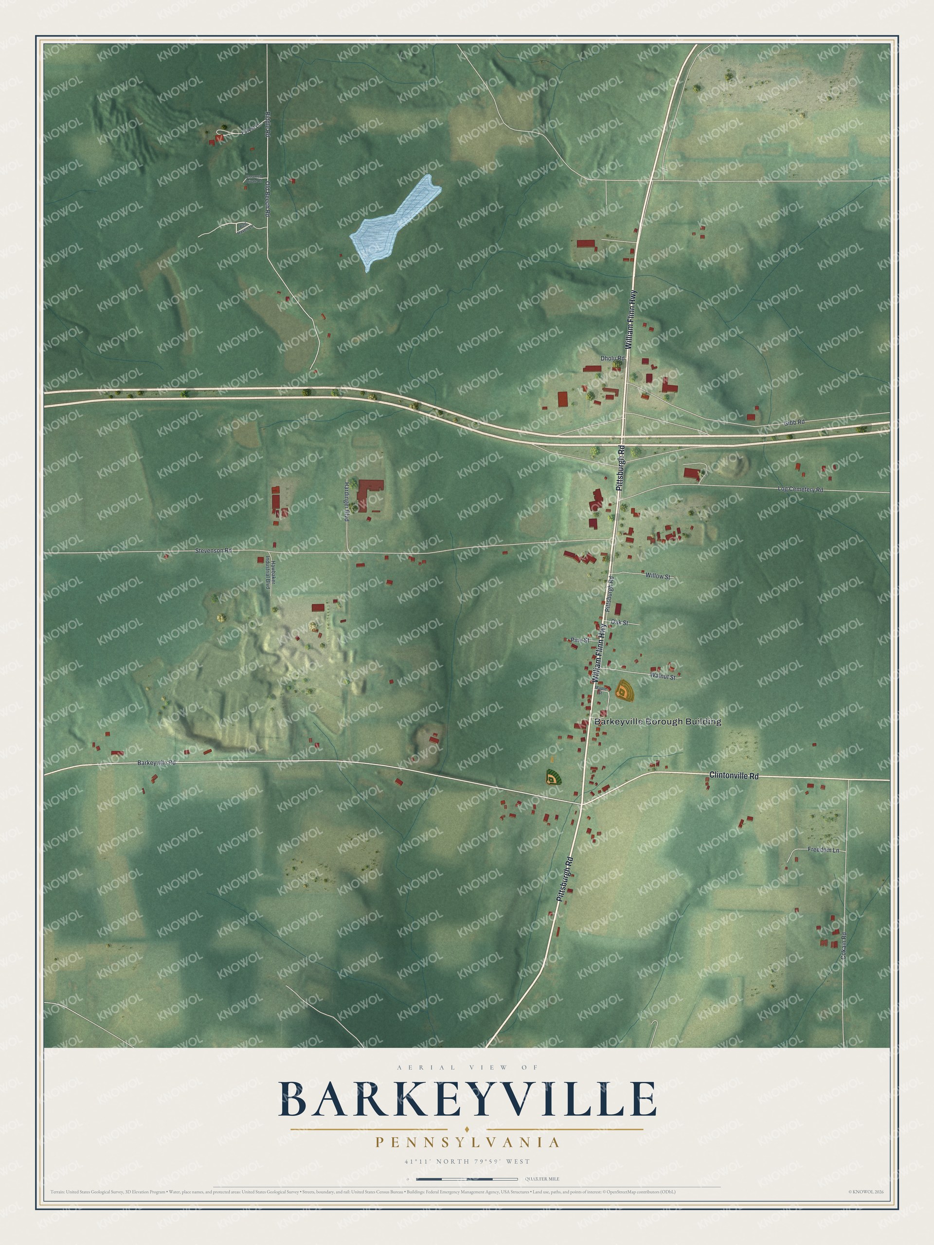 Full map of Barkeyville, Pennsylvania, with red buildings, printed street names and the land around them