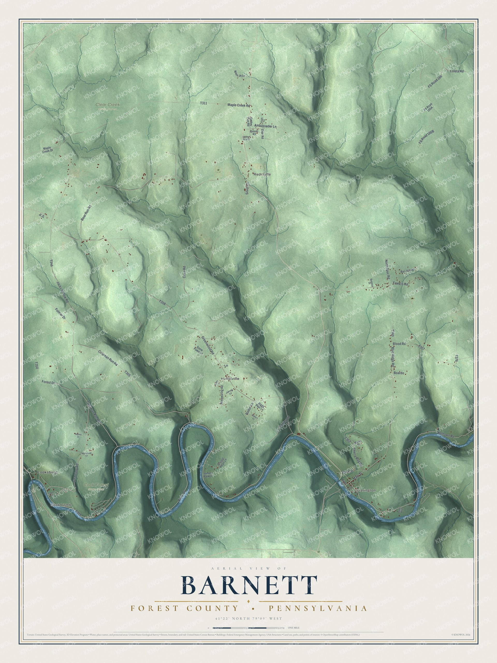 Full map of Barnett, Forest County, Pennsylvania, with red buildings, printed street names and the land around them