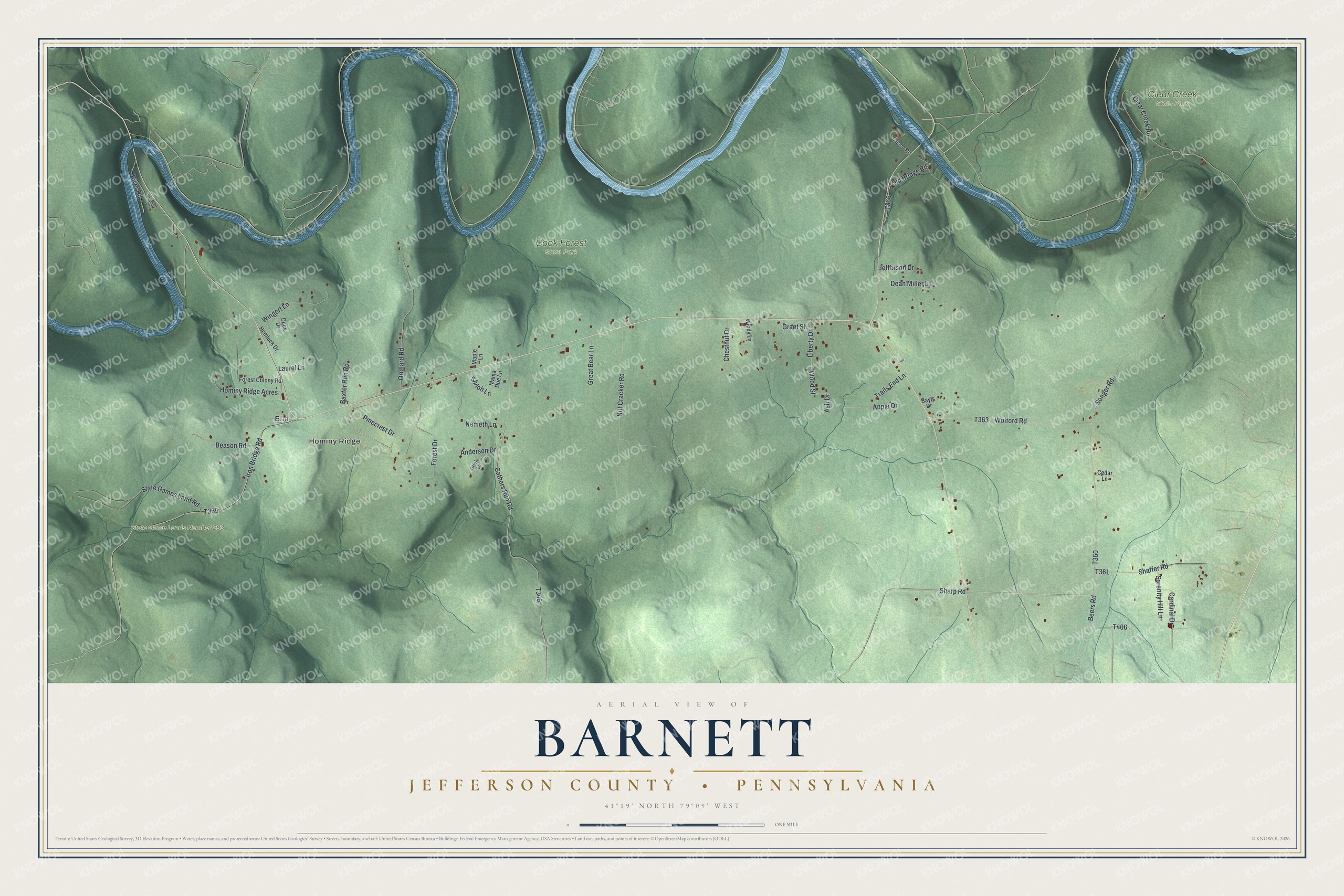 Full map of Barnett, Jefferson County, Pennsylvania, with red buildings, printed street names and the land around them