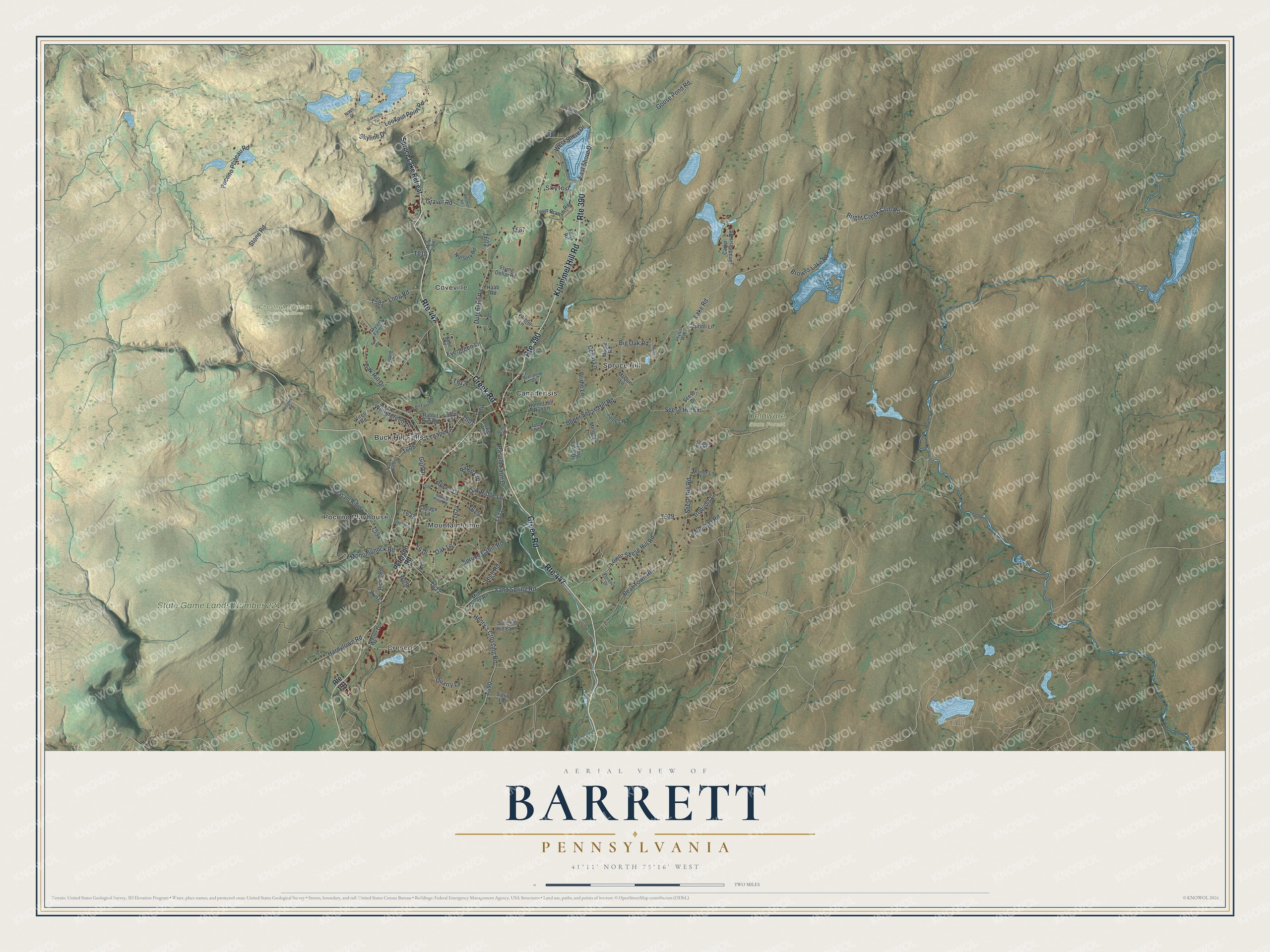 Full map of Barrett, Pennsylvania, with red buildings, printed street names and the land around them