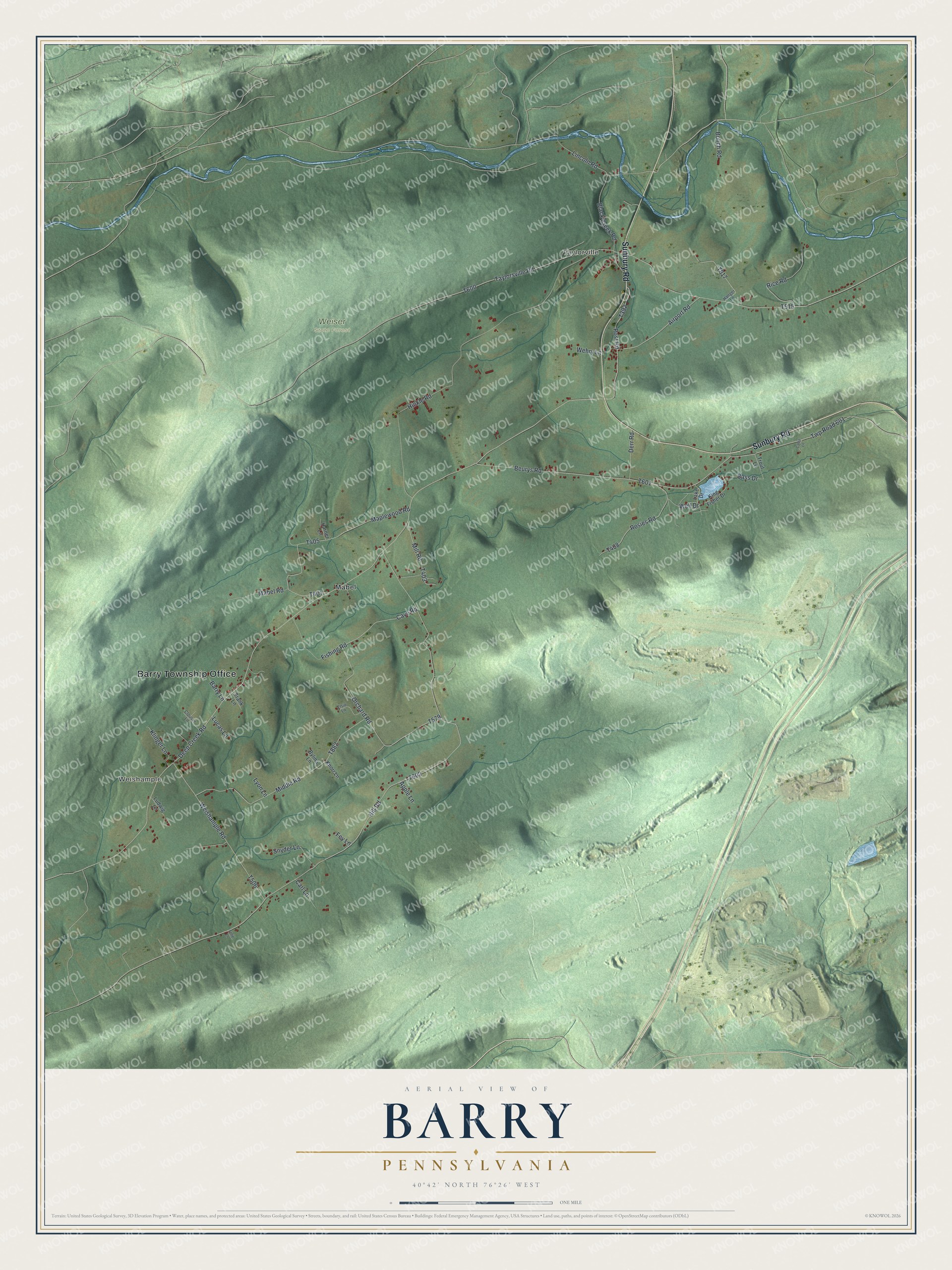 Full map of Barry, Pennsylvania, with red buildings, printed street names and the land around them