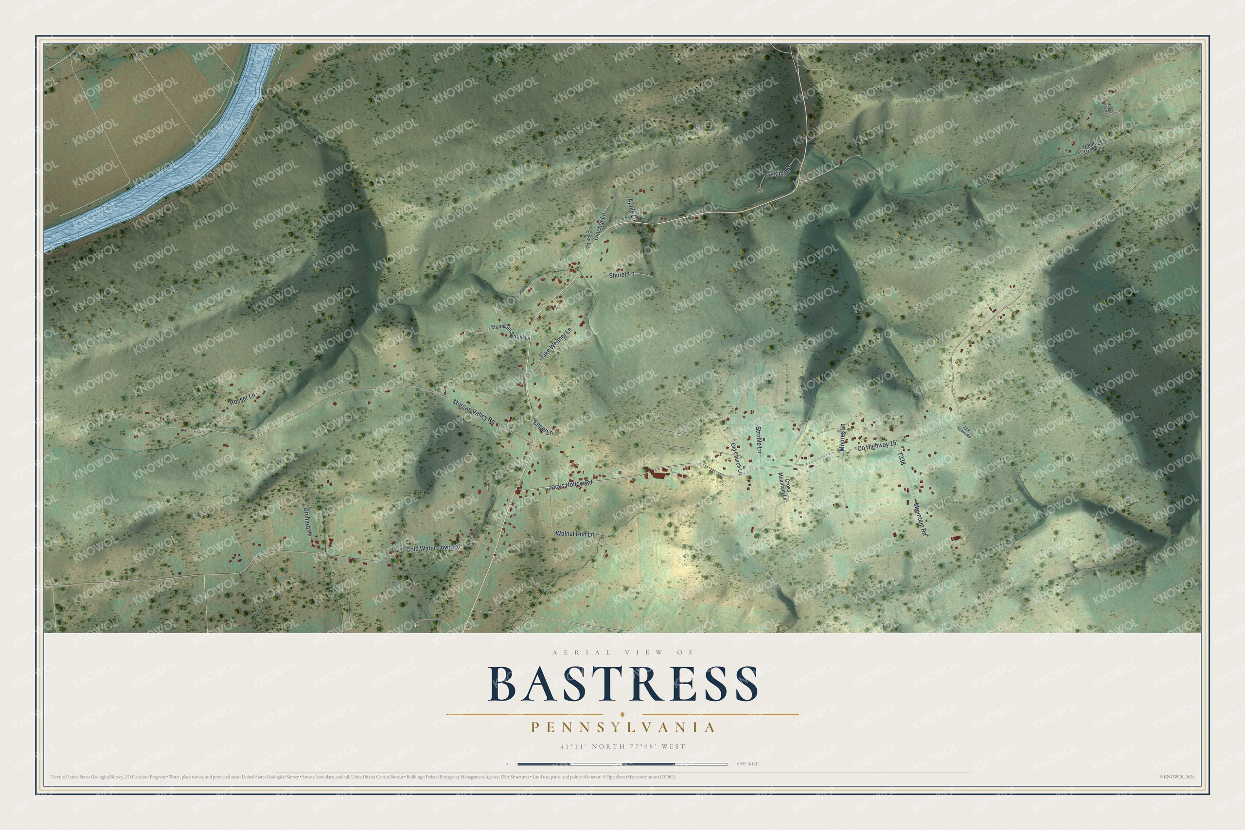 Full map of Bastress, Pennsylvania, with red buildings, printed street names and the land around them