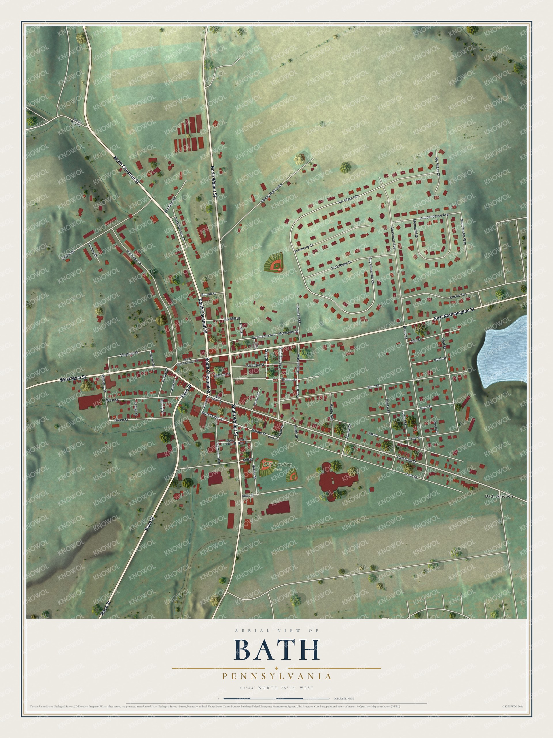 Full map of Bath, Pennsylvania, with red buildings, printed street names and the land around them