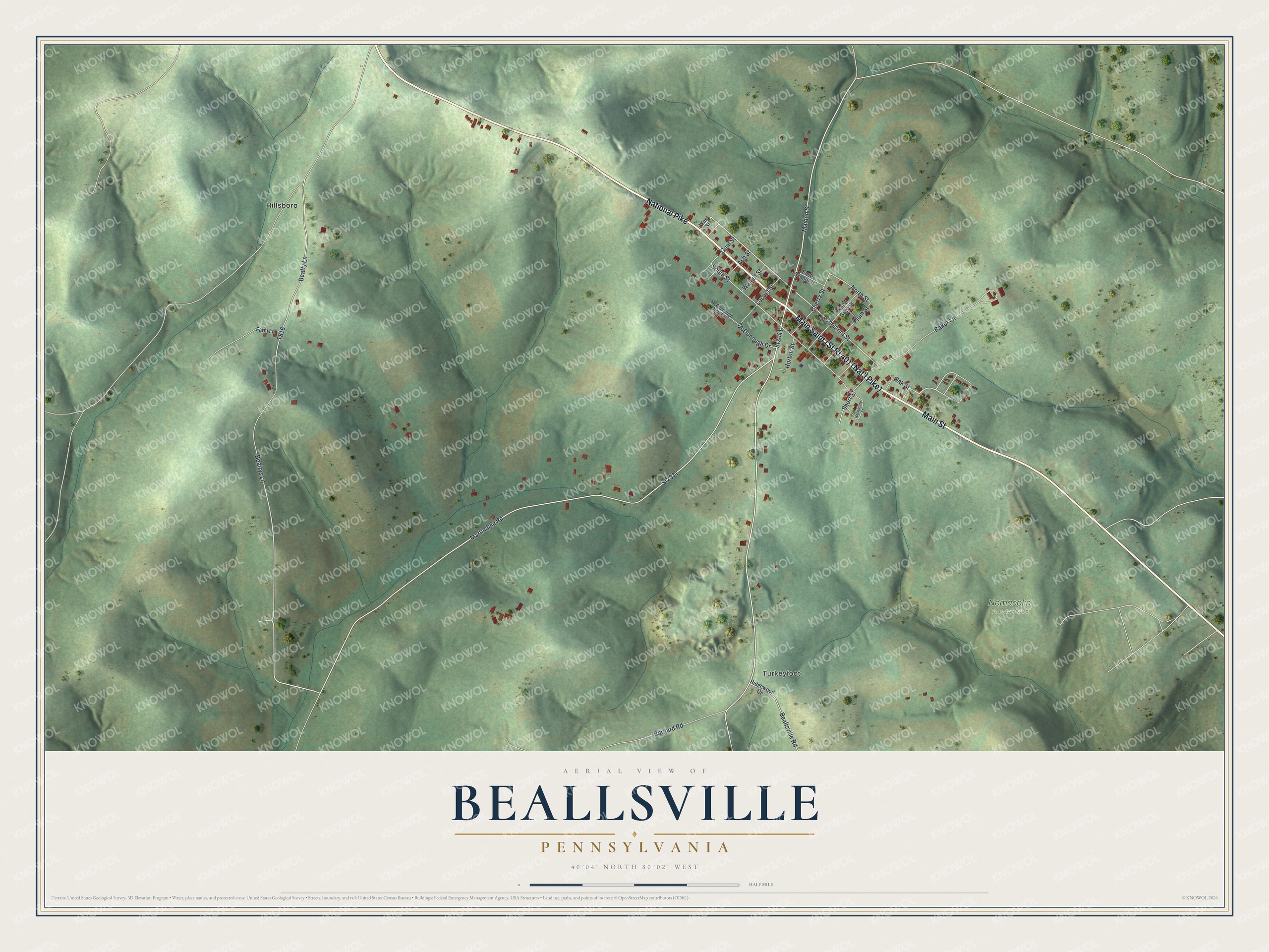 Full map of Beallsville, Pennsylvania, with red buildings, printed street names and the land around them