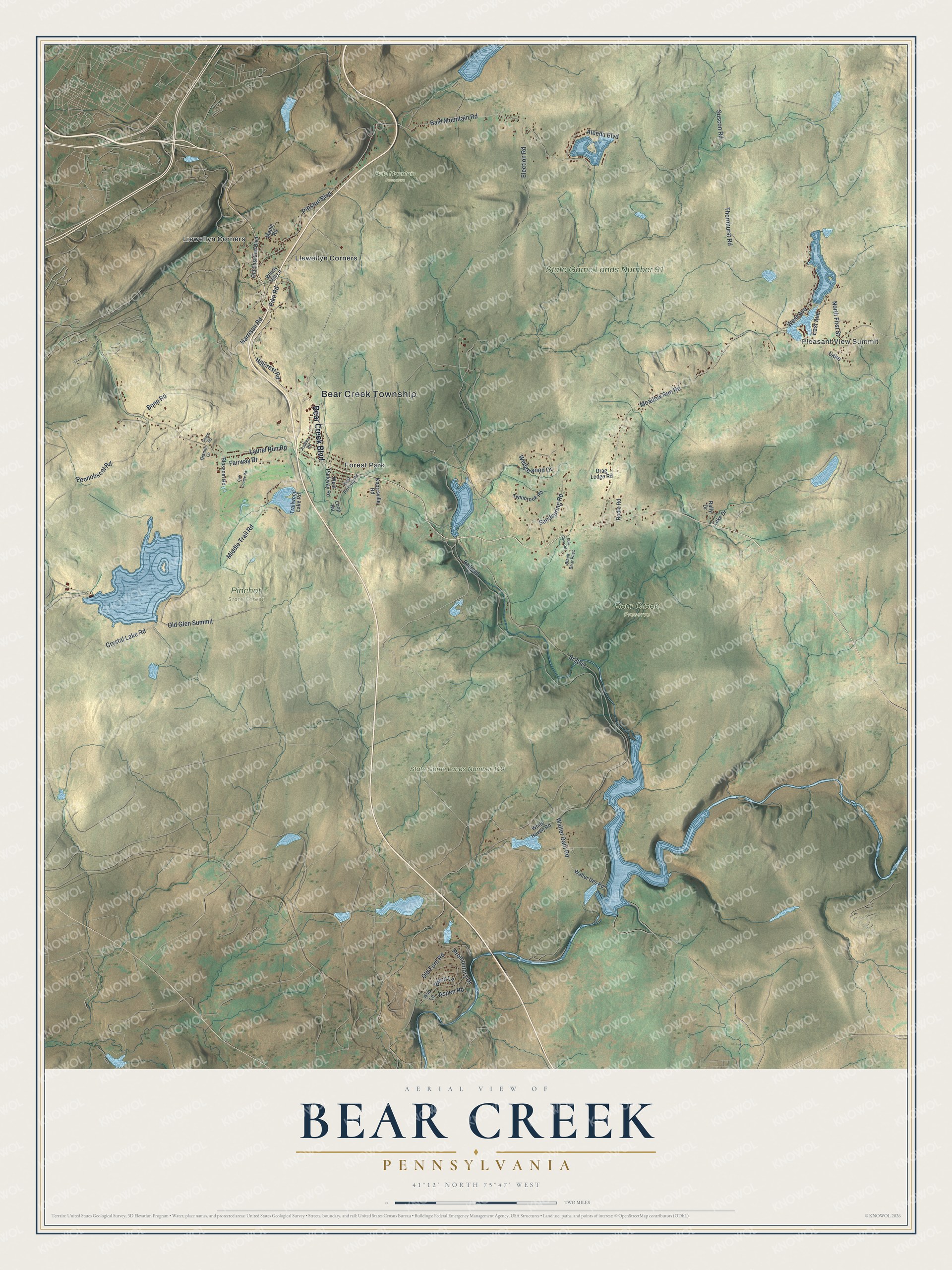 Full map of Bear Creek, Pennsylvania, with red buildings, printed street names and the land around them