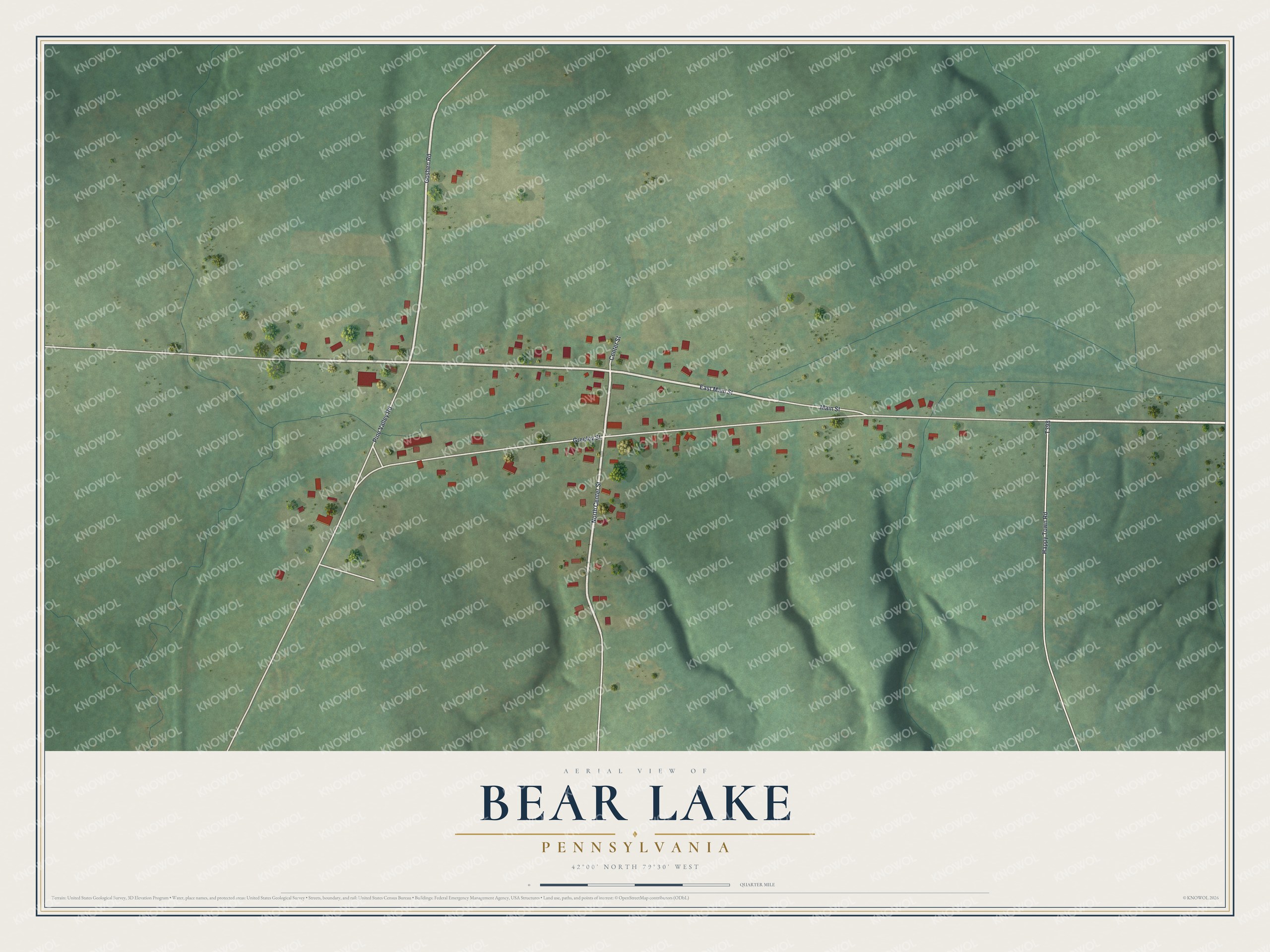 Full map of Bear Lake, Pennsylvania, with red buildings, printed street names and the land around them