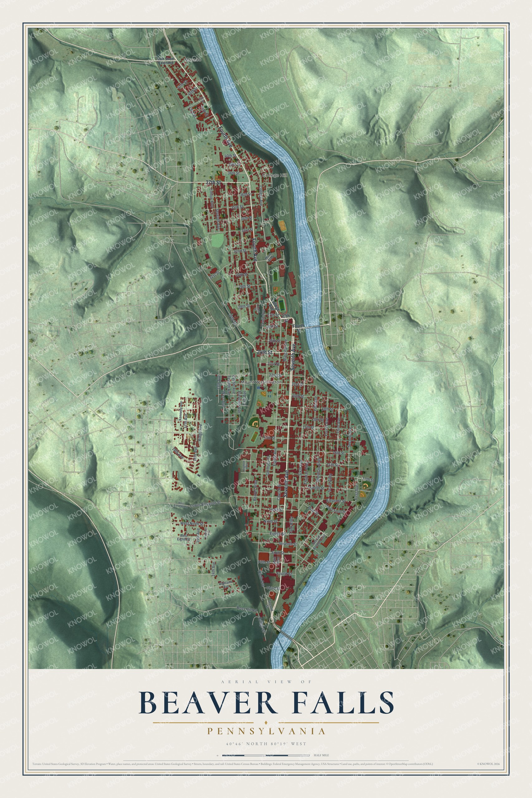 Full map of Beaver Falls, Pennsylvania, with red buildings, printed street names and the land around them