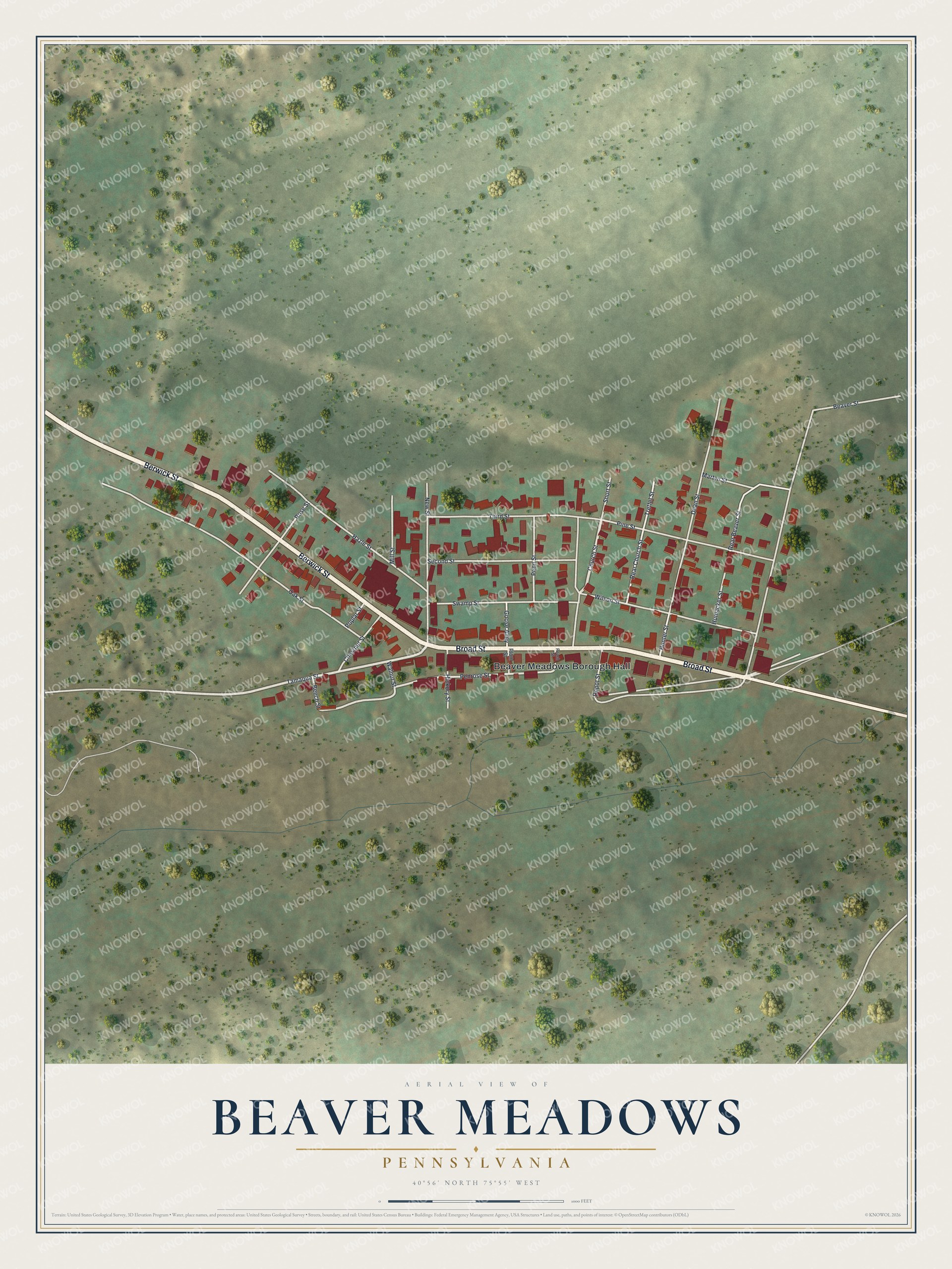 Full map of Beaver Meadows, Pennsylvania, with red buildings, printed street names and the land around them