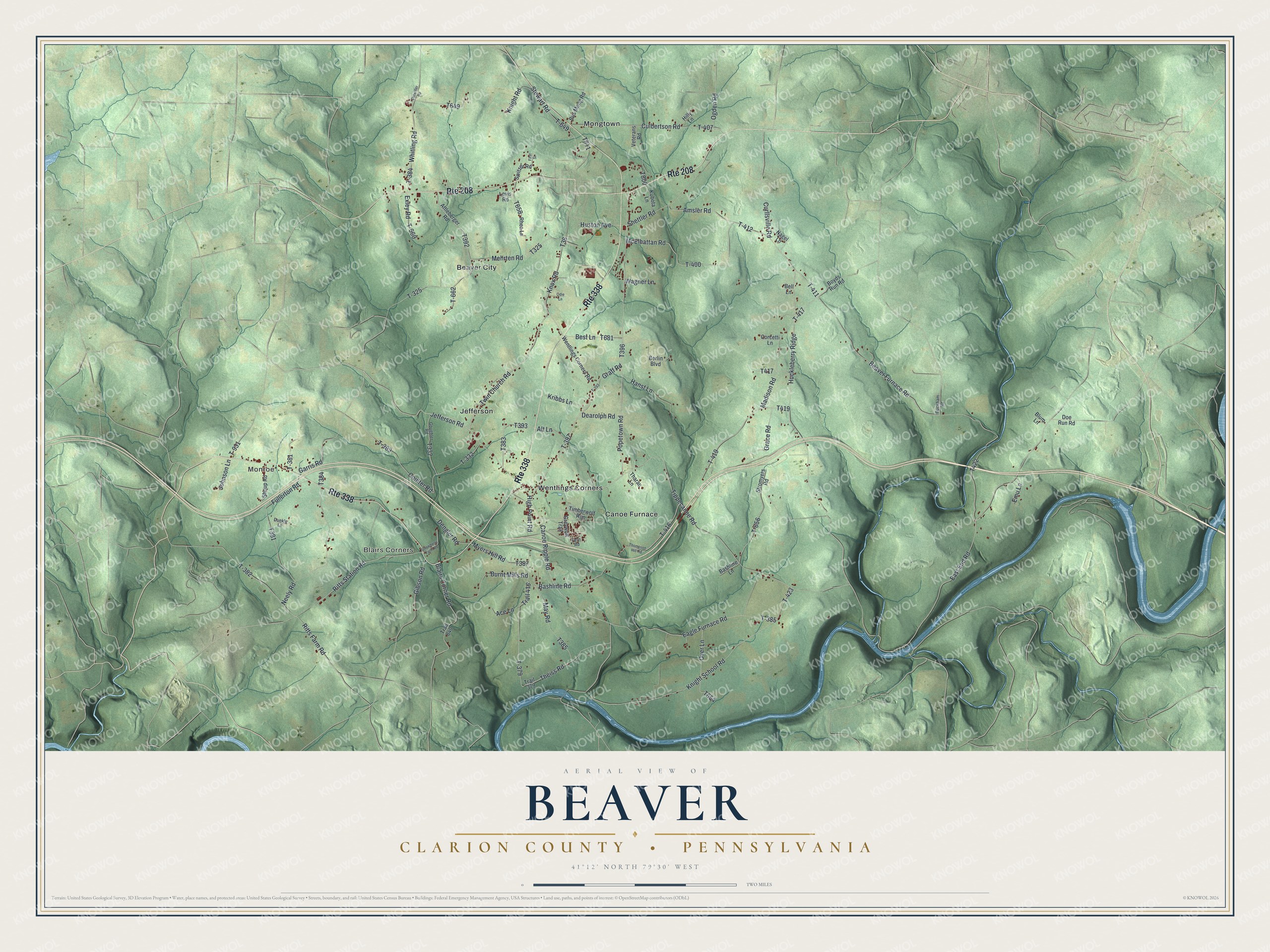 Full map of Beaver, Clarion County, Pennsylvania, with red buildings, printed street names and the land around them
