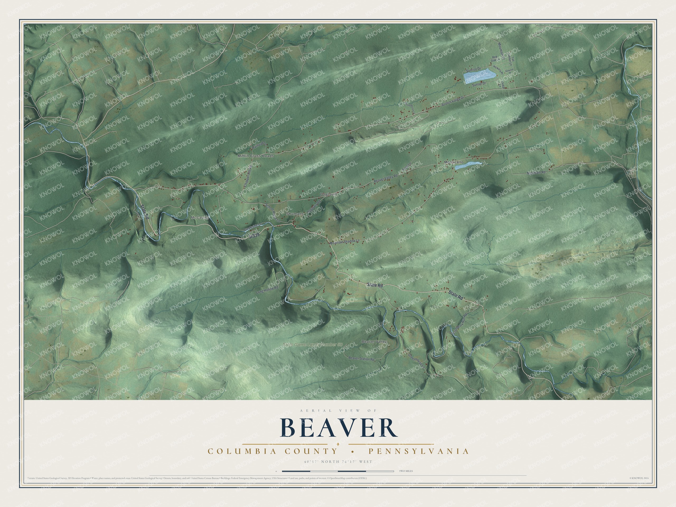 Full map of Beaver, Columbia County, Pennsylvania, with red buildings, printed street names and the land around them