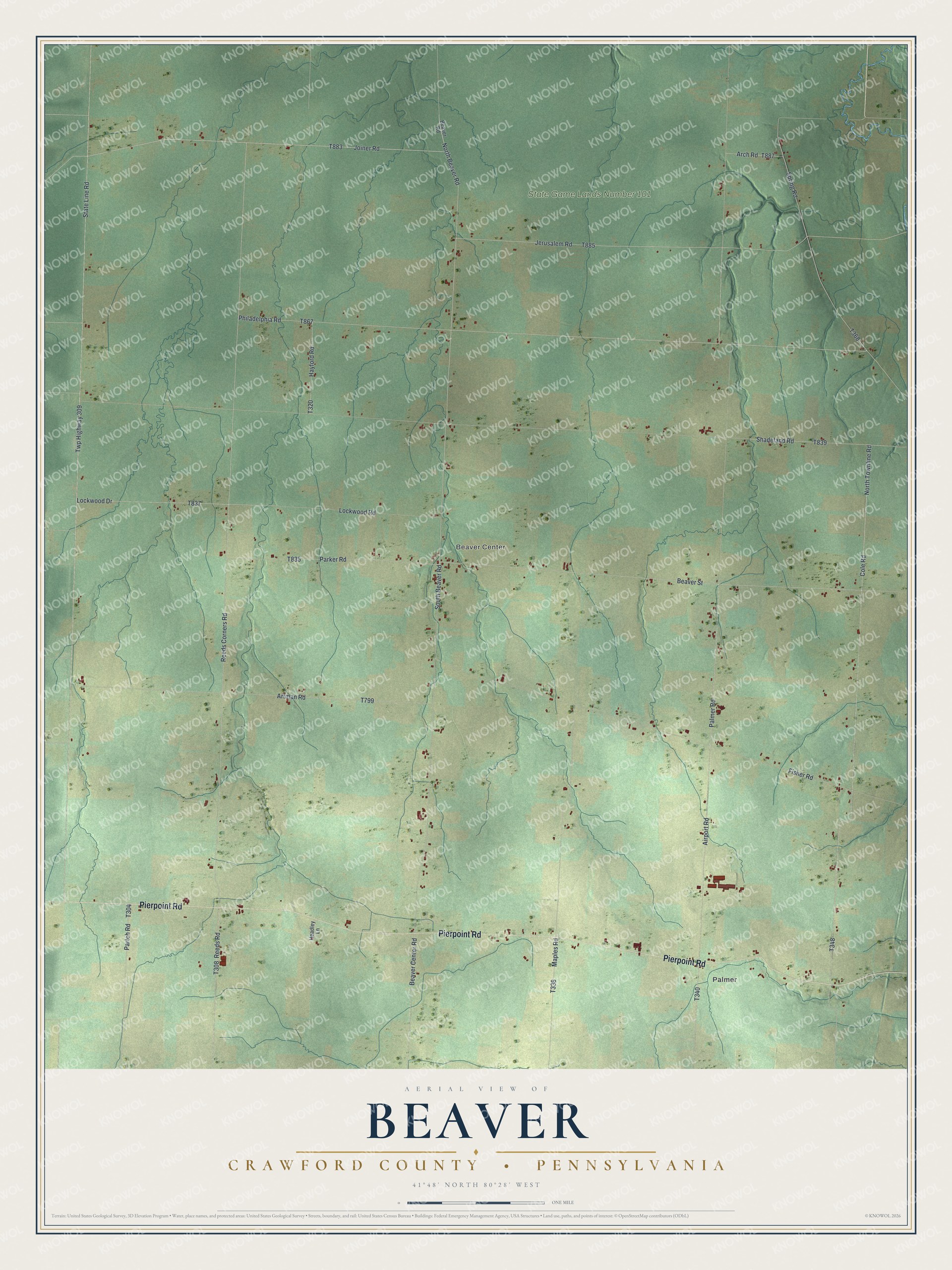 Full map of Beaver, Crawford County, Pennsylvania, with red buildings, printed street names and the land around them
