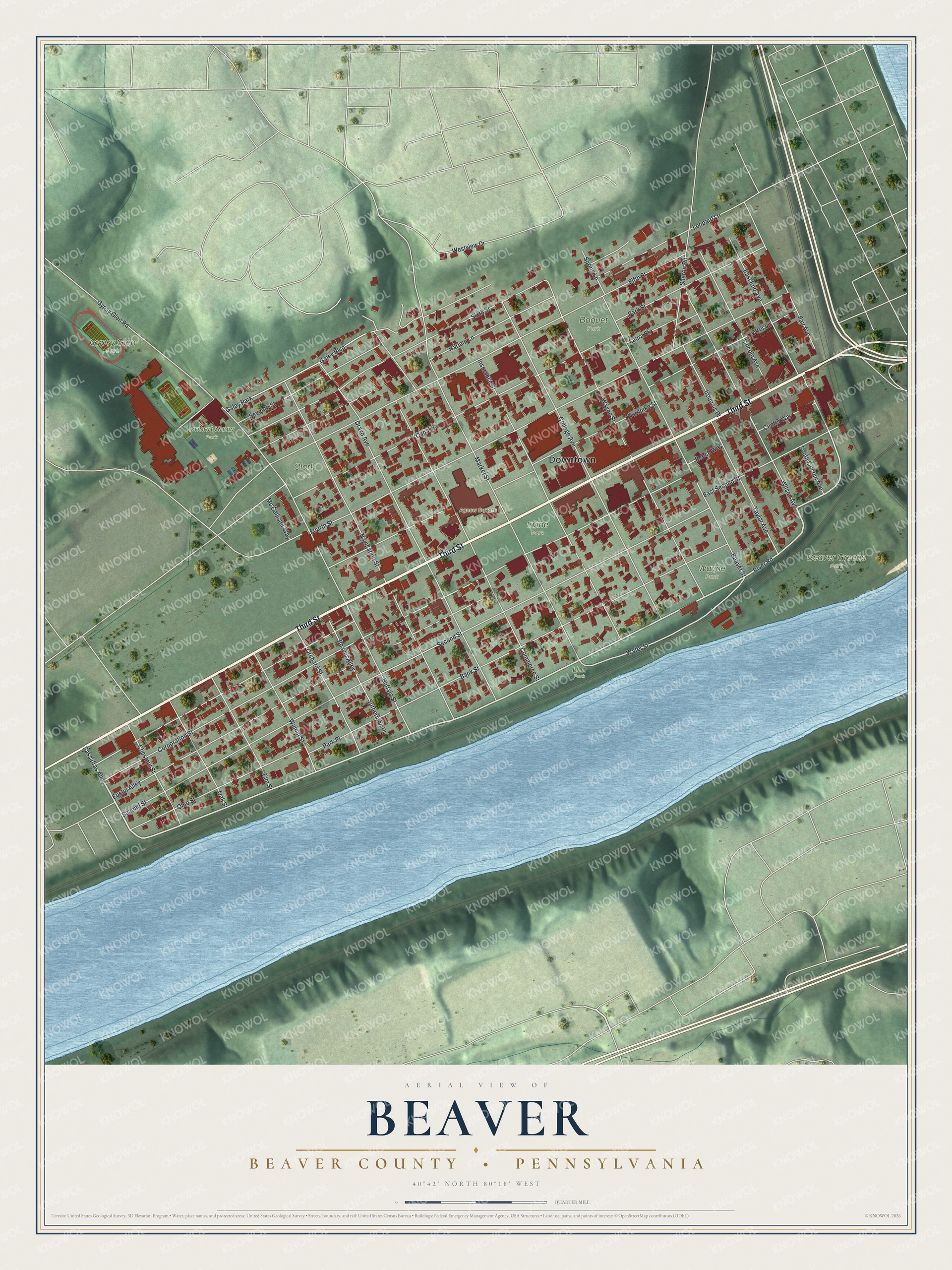 Full map of Beaver, Beaver County, Pennsylvania, with red buildings, printed street names and the land around them