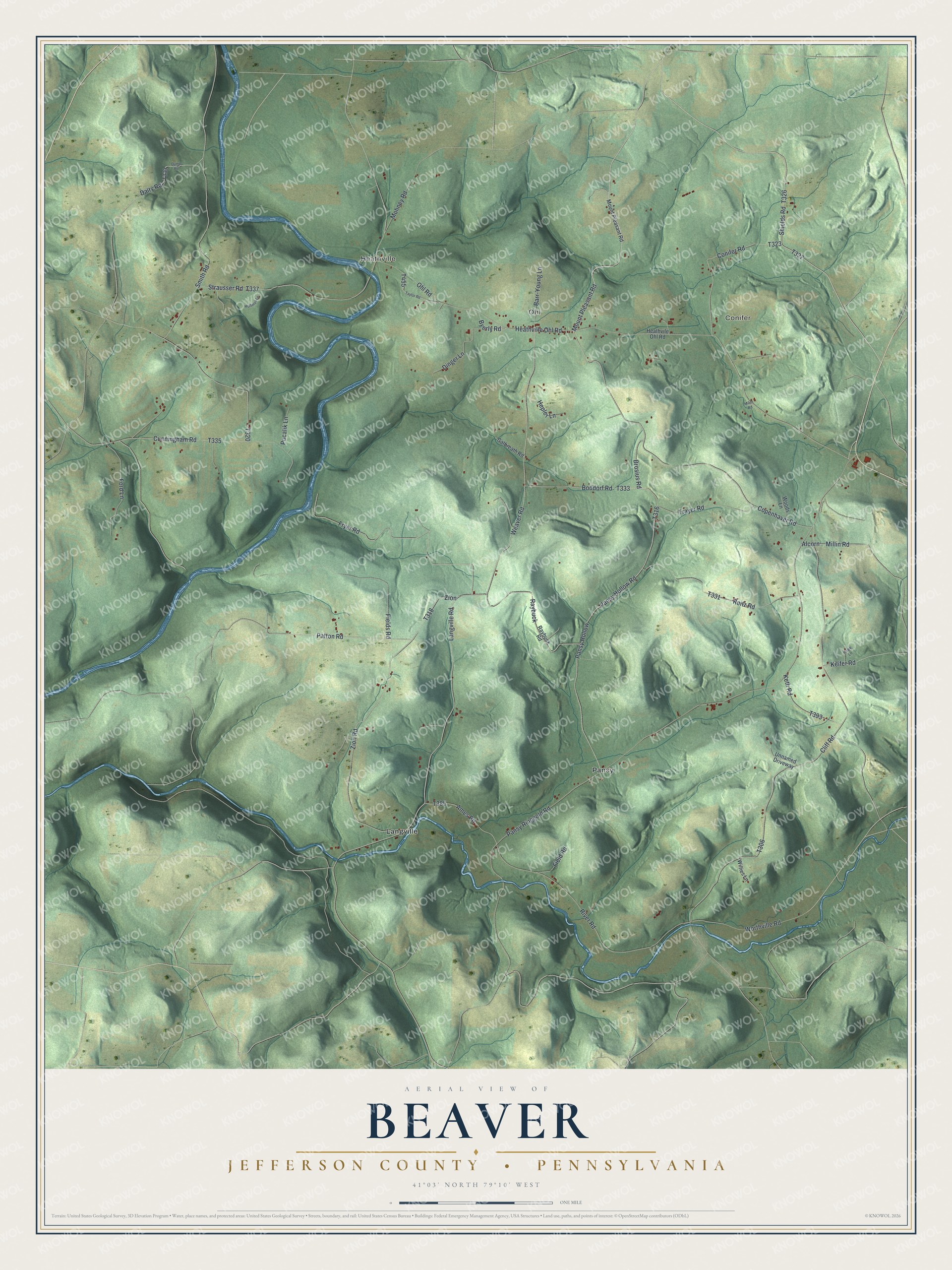 Full map of Beaver, Jefferson County, Pennsylvania, with red buildings, printed street names and the land around them