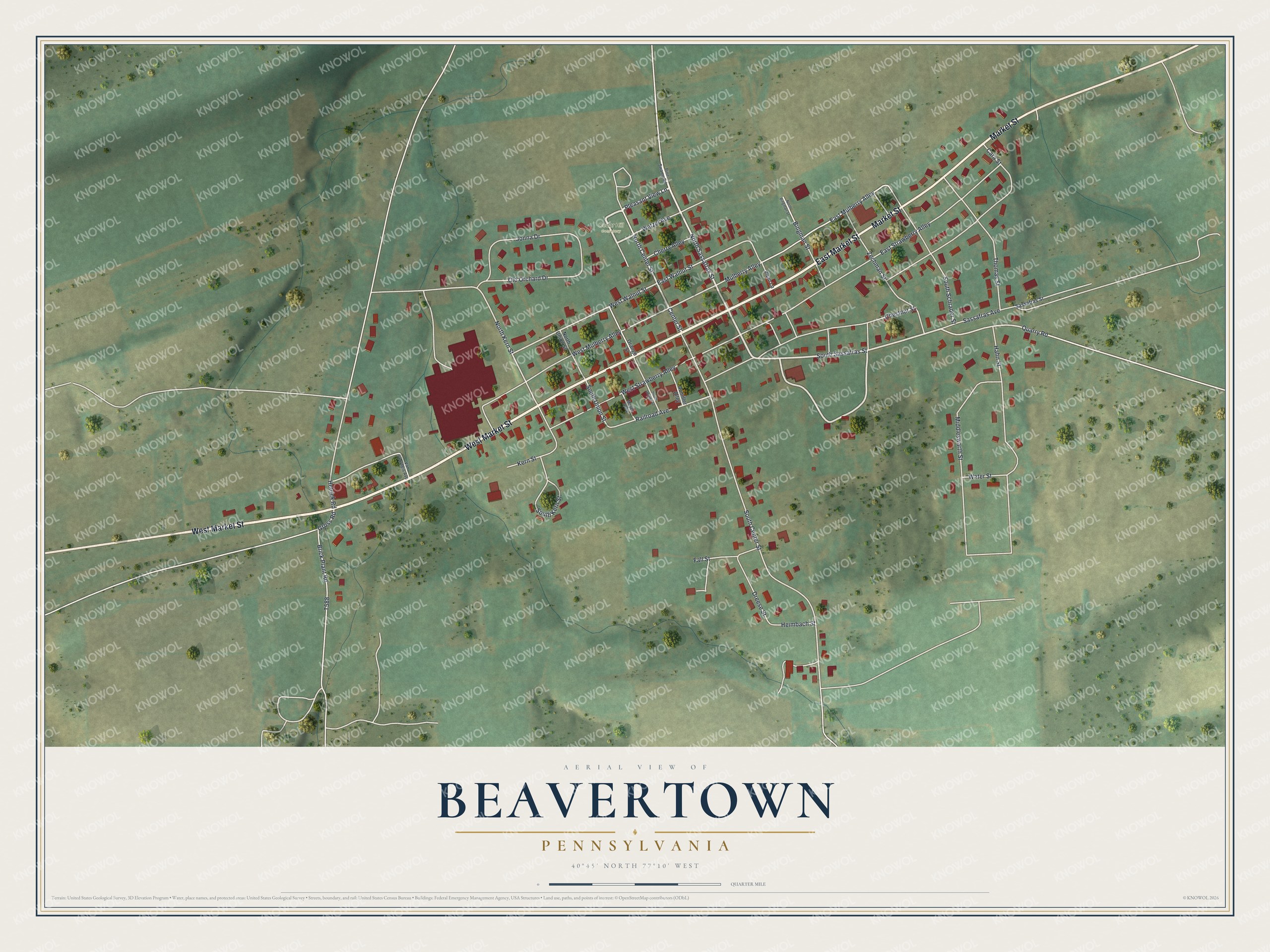 Full map of Beavertown, Pennsylvania, with red buildings, printed street names and the land around them