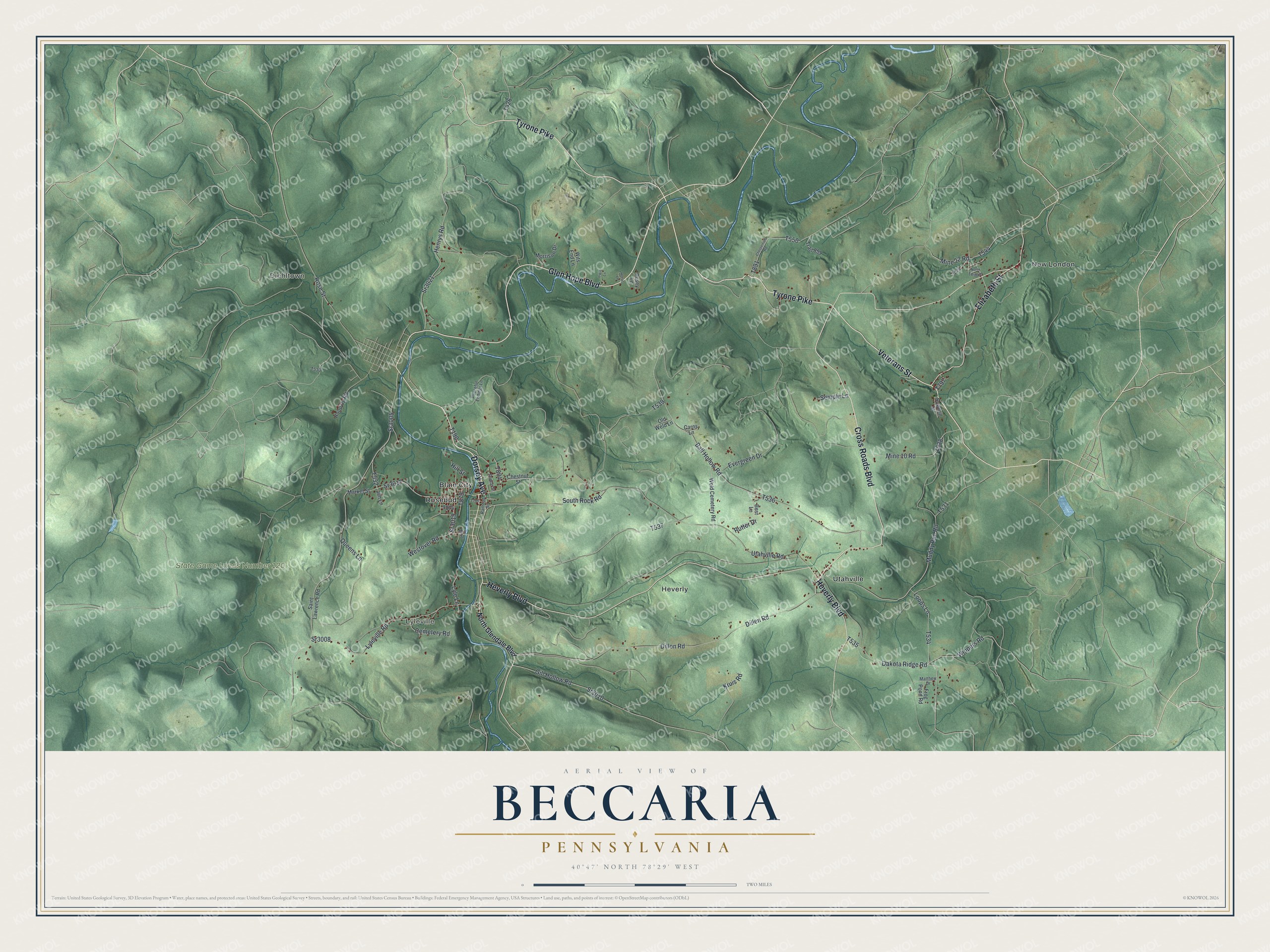 Full map of Beccaria, Pennsylvania, with red buildings, printed street names and the land around them