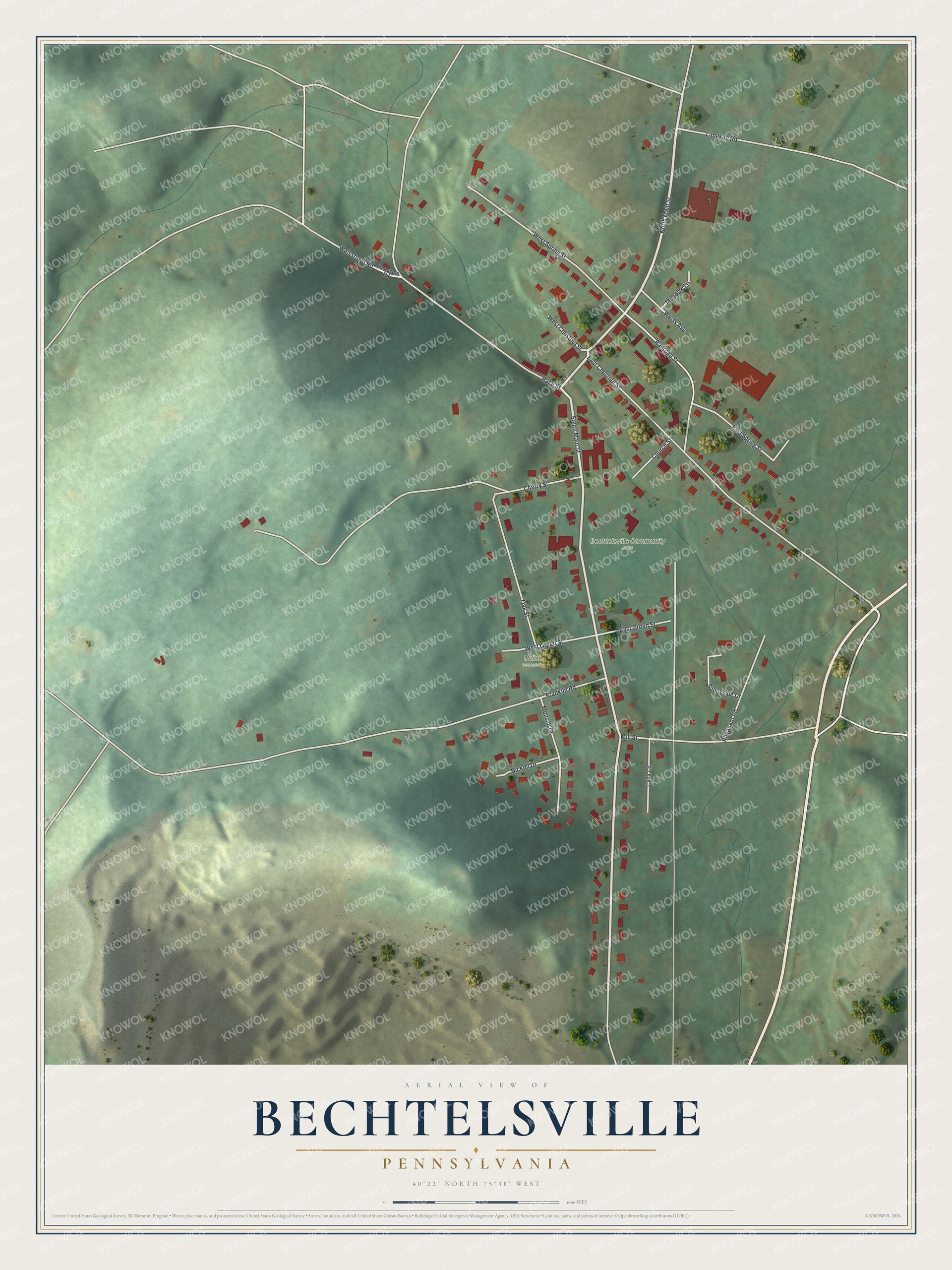 Full map of Bechtelsville, Pennsylvania, with red buildings, printed street names and the land around them