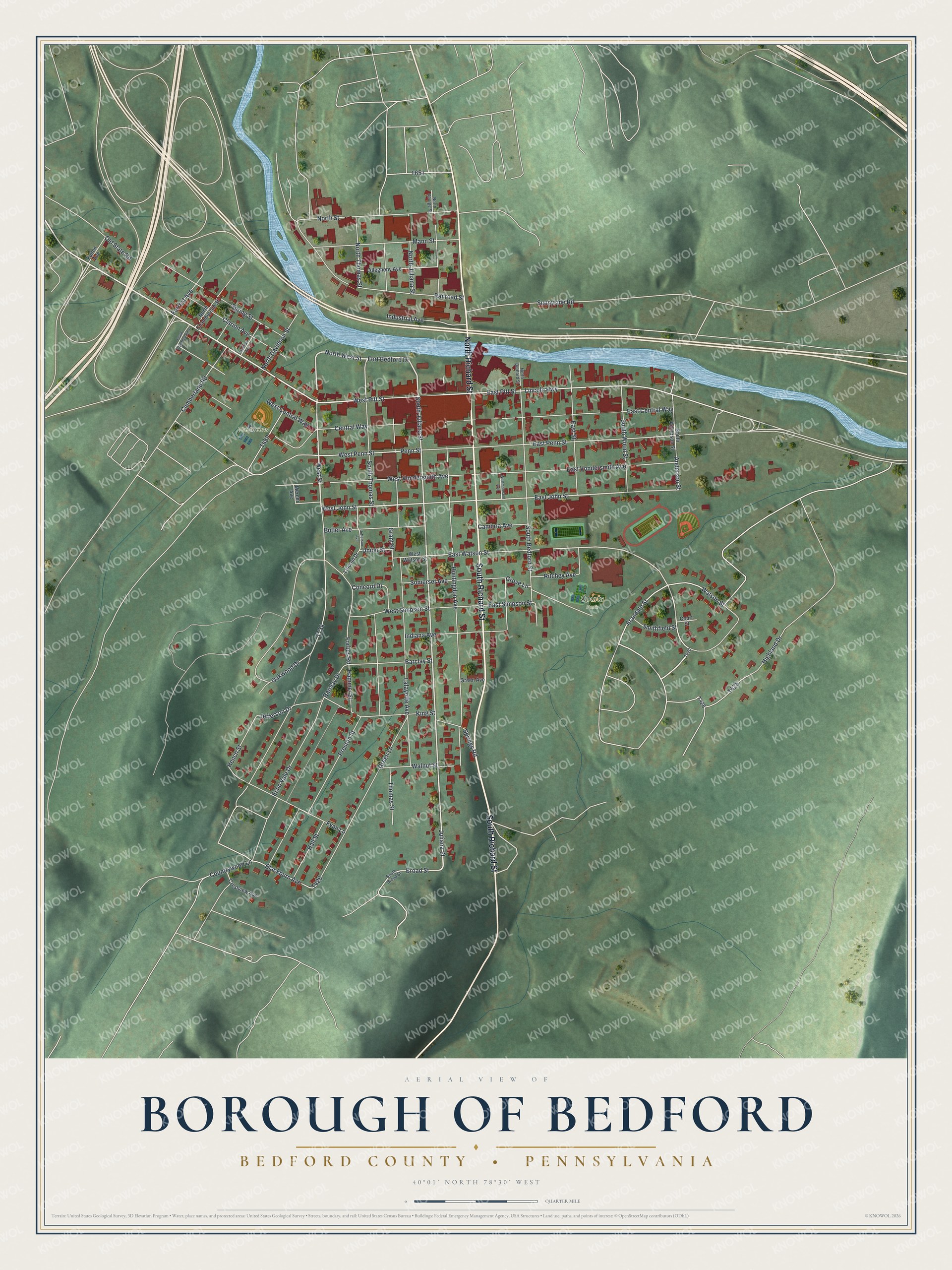 Full map of Bedford Borough, Pennsylvania, with red buildings, printed street names and the land around them