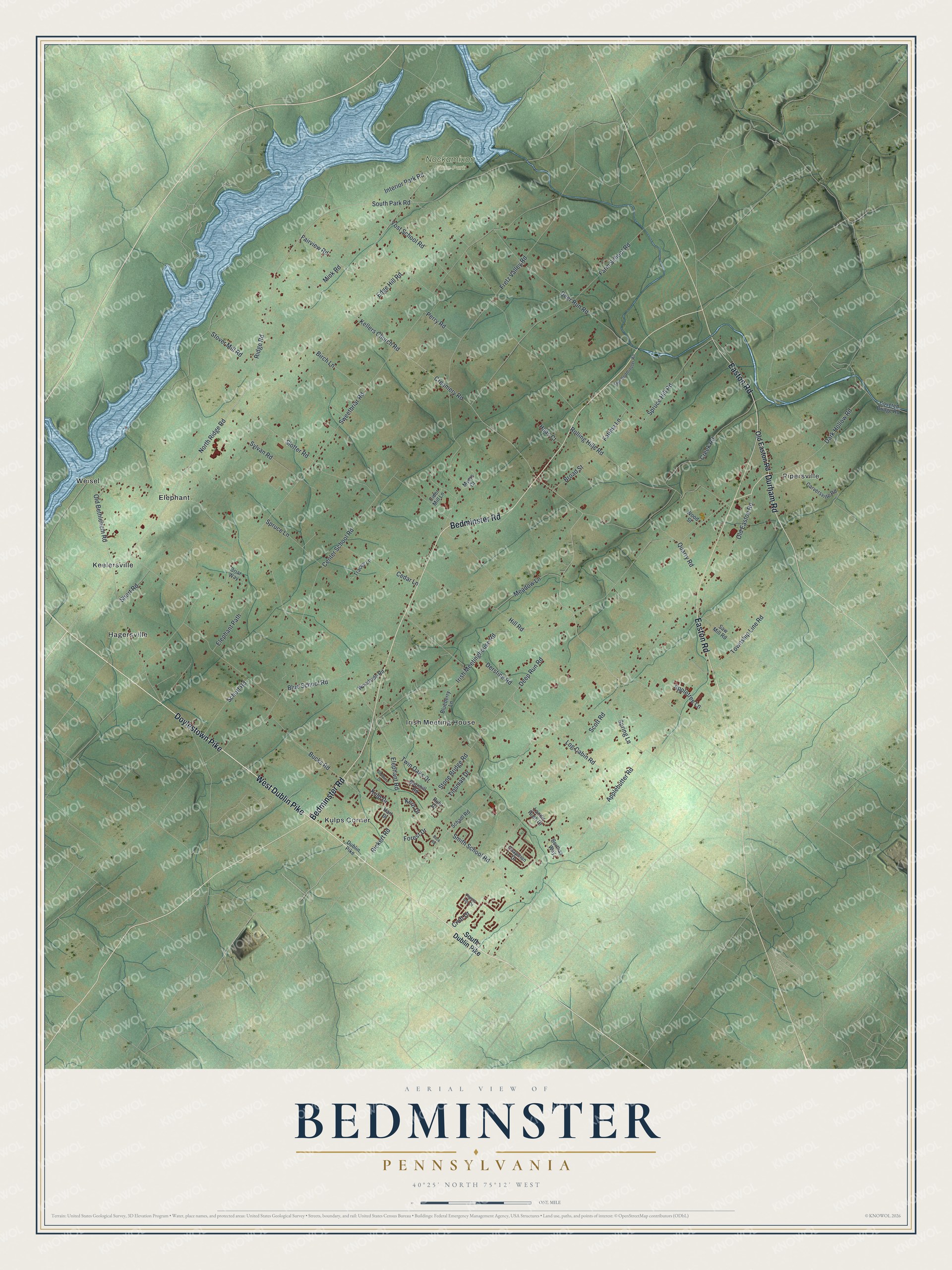Full map of Bedminster, Pennsylvania, with red buildings, printed street names and the land around them