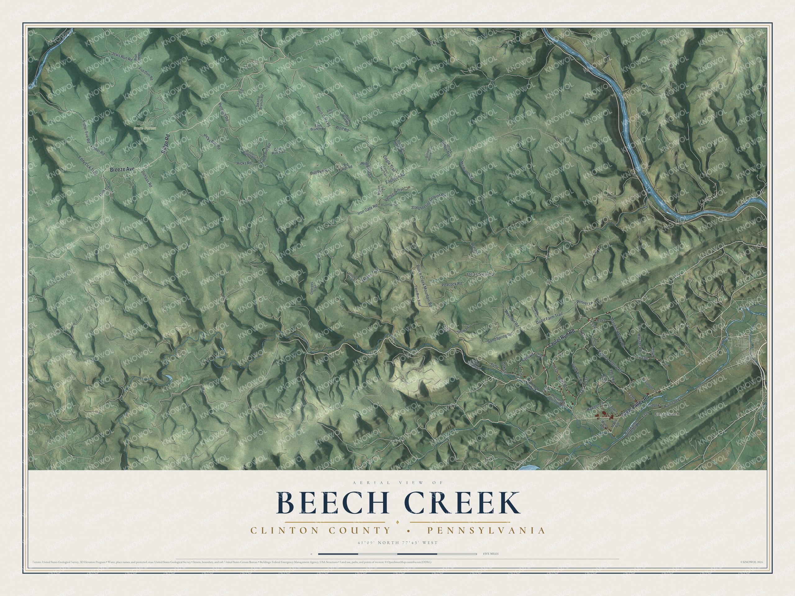 Full map of Beech Creek Township, Pennsylvania, with red buildings, printed street names and the land around them