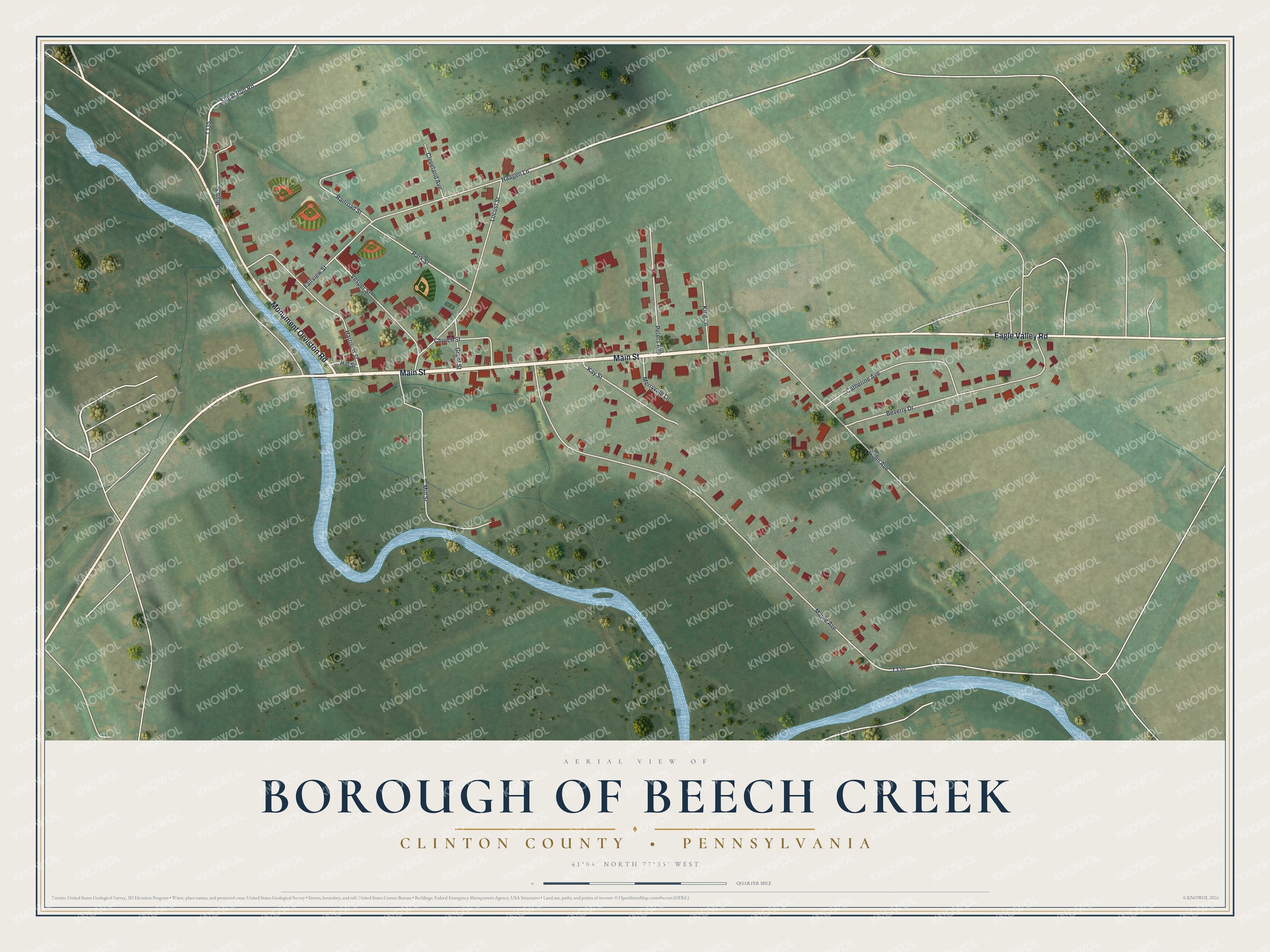 Full map of Beech Creek Borough, Pennsylvania, with red buildings, printed street names and the land around them