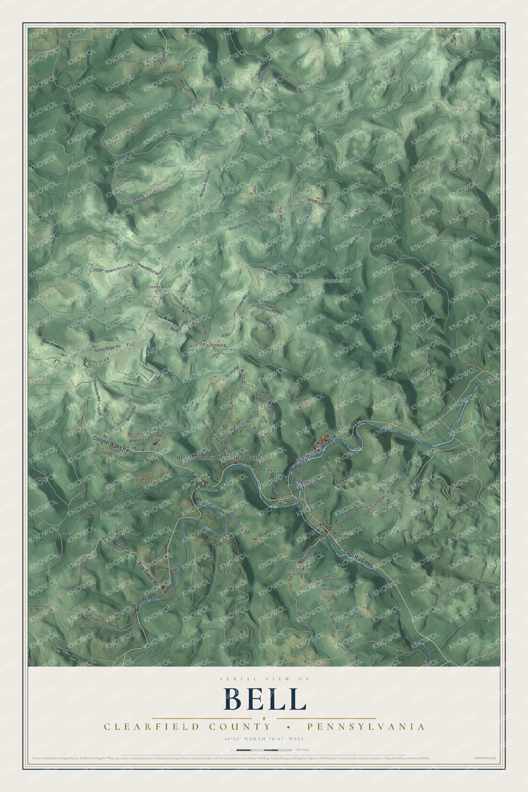 Full map of Bell, Clearfield County, Pennsylvania, with red buildings, printed street names and the land around them