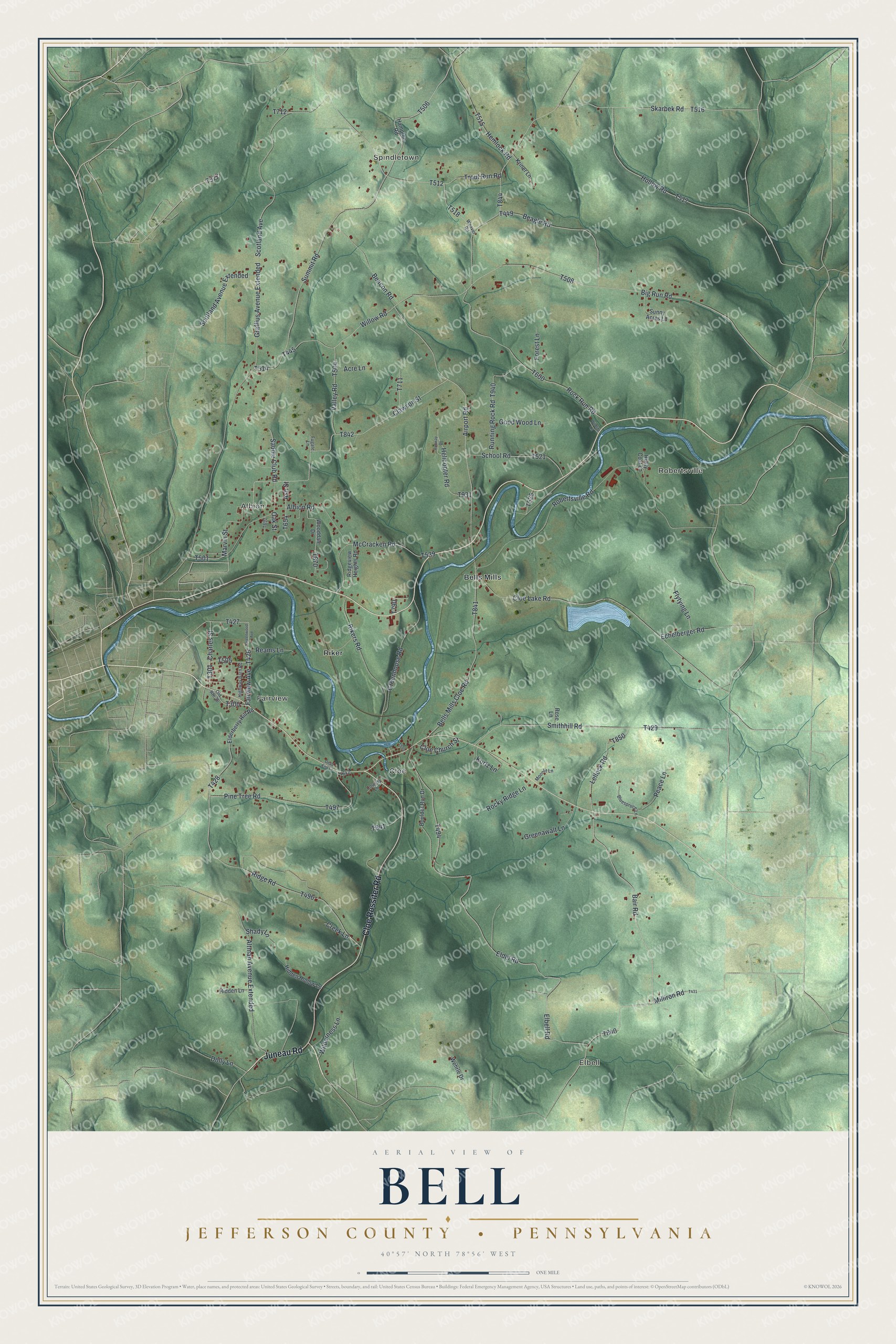Full map of Bell, Jefferson County, Pennsylvania, with red buildings, printed street names and the land around them