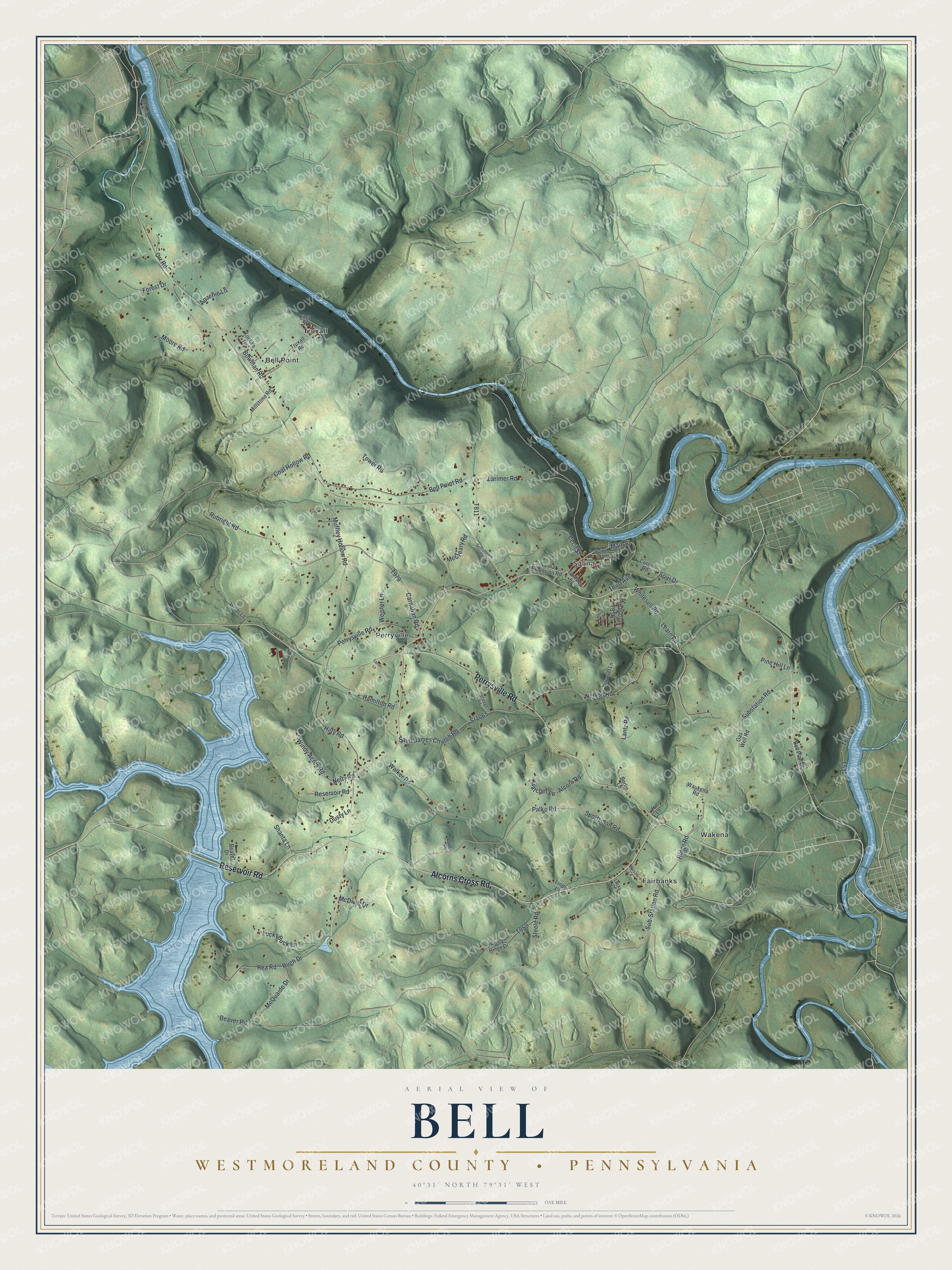 Full map of Bell, Westmoreland County, Pennsylvania, with red buildings, printed street names and the land around them
