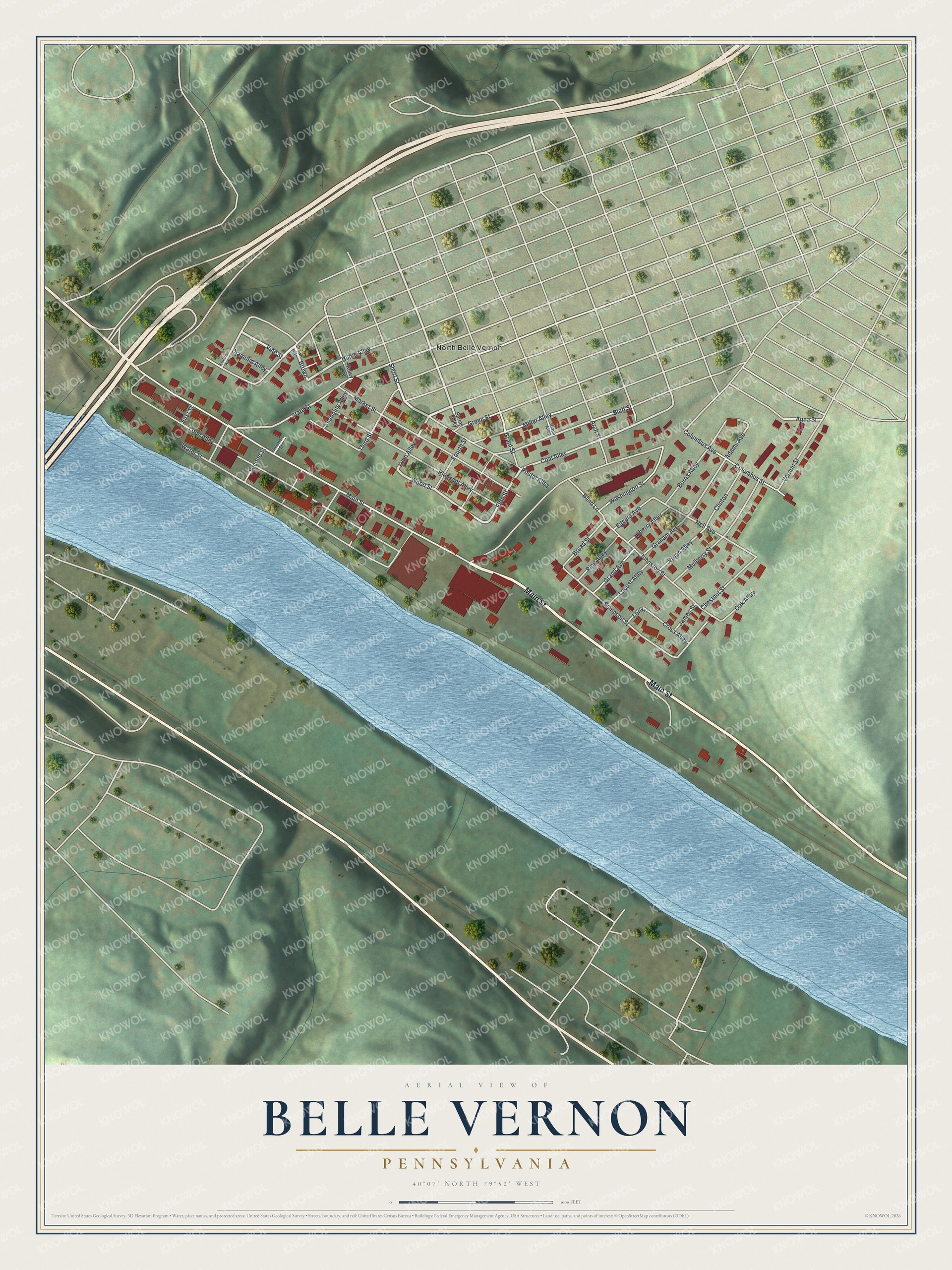 Full map of Belle Vernon, Pennsylvania, with red buildings, printed street names and the land around them
