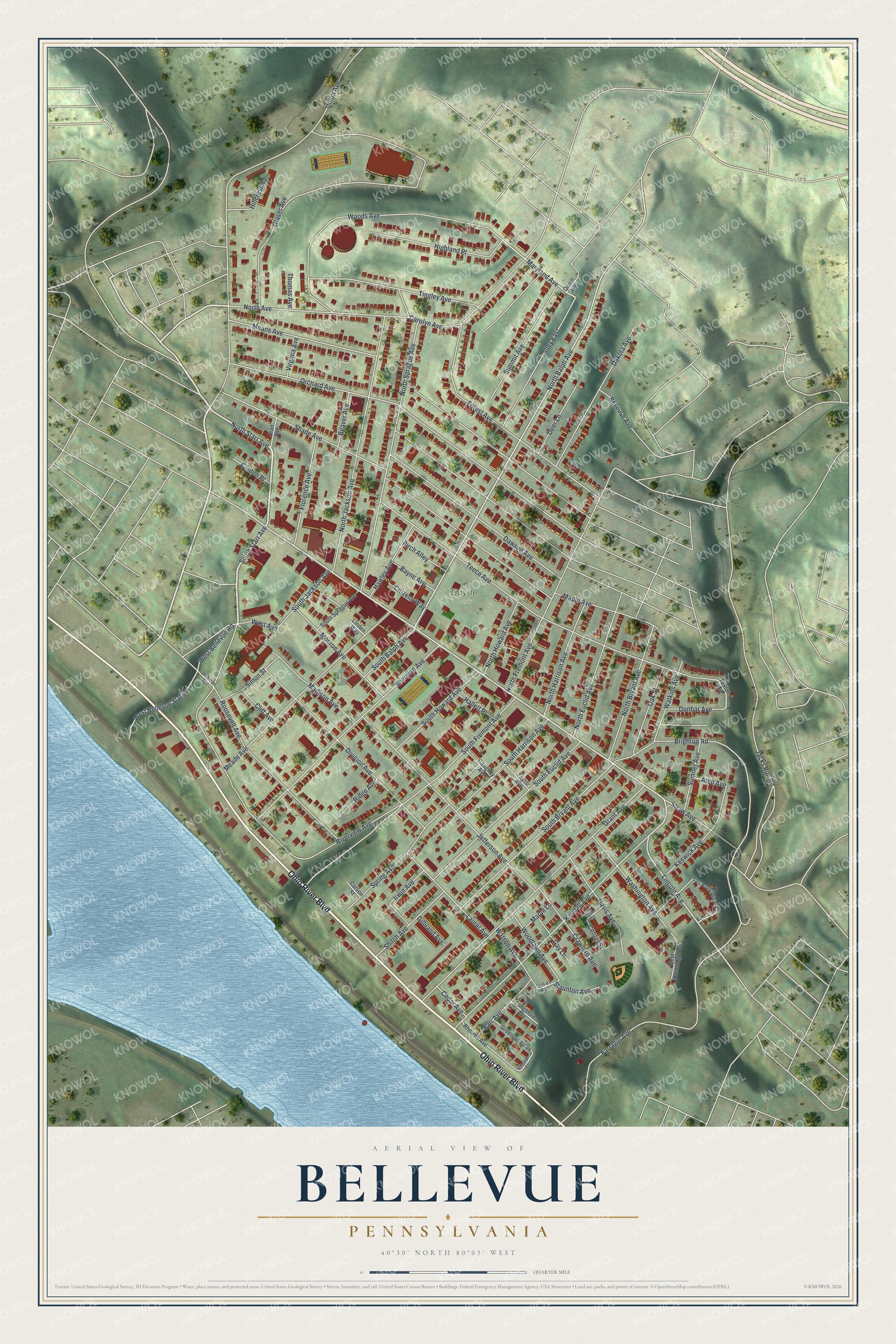 Aerial-style map of Bellevue, Pennsylvania, with red buildings on green hills above the blue Ohio River