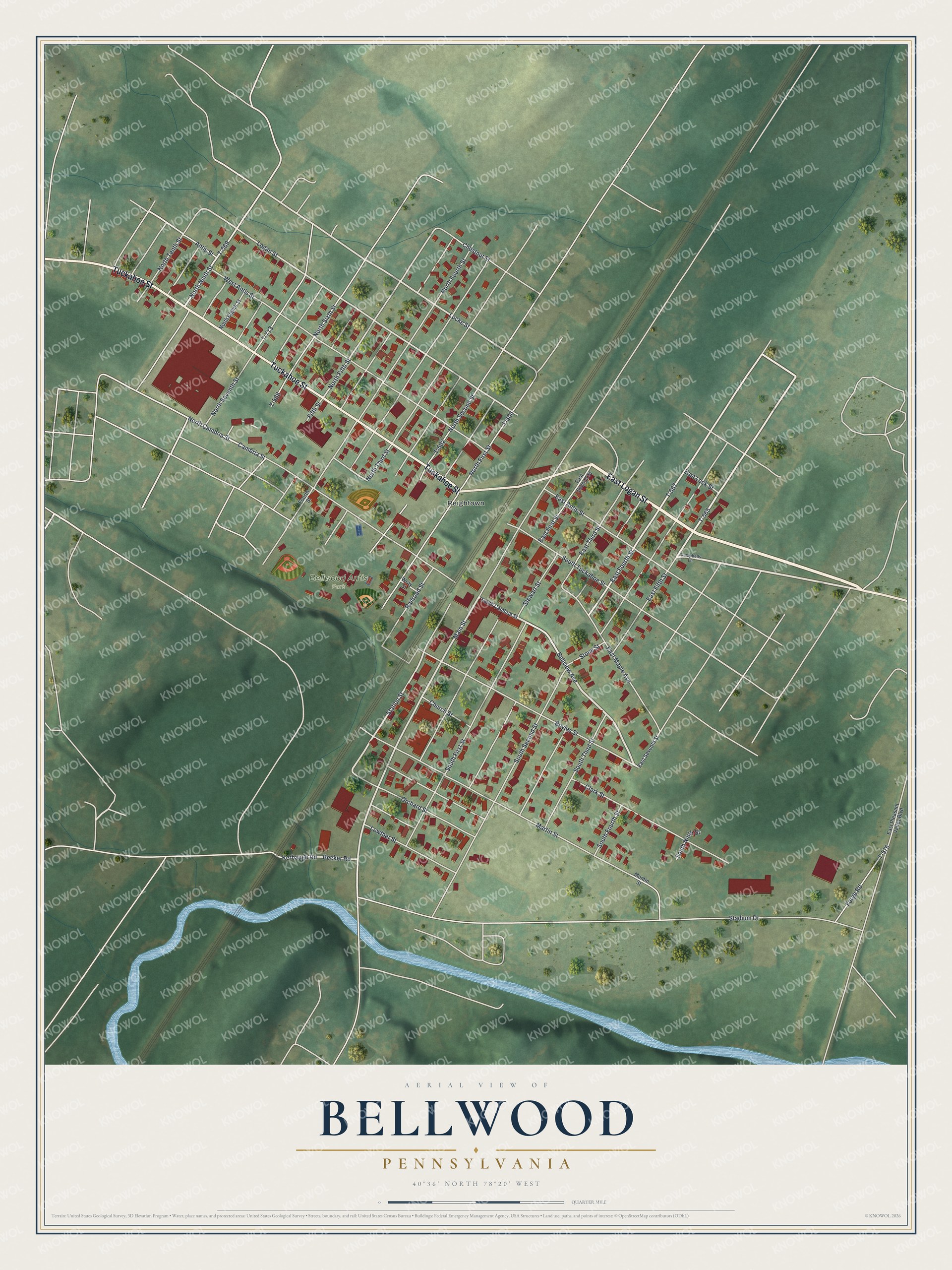 Full map of Bellwood, Pennsylvania, with red buildings, printed street names and the land around them
