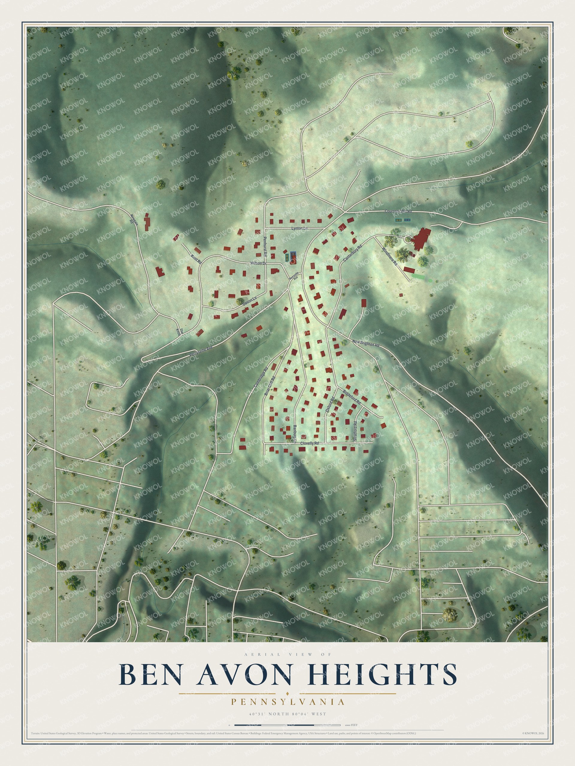 Full map of Ben Avon Heights, Pennsylvania, with red buildings, printed street names and the land around them