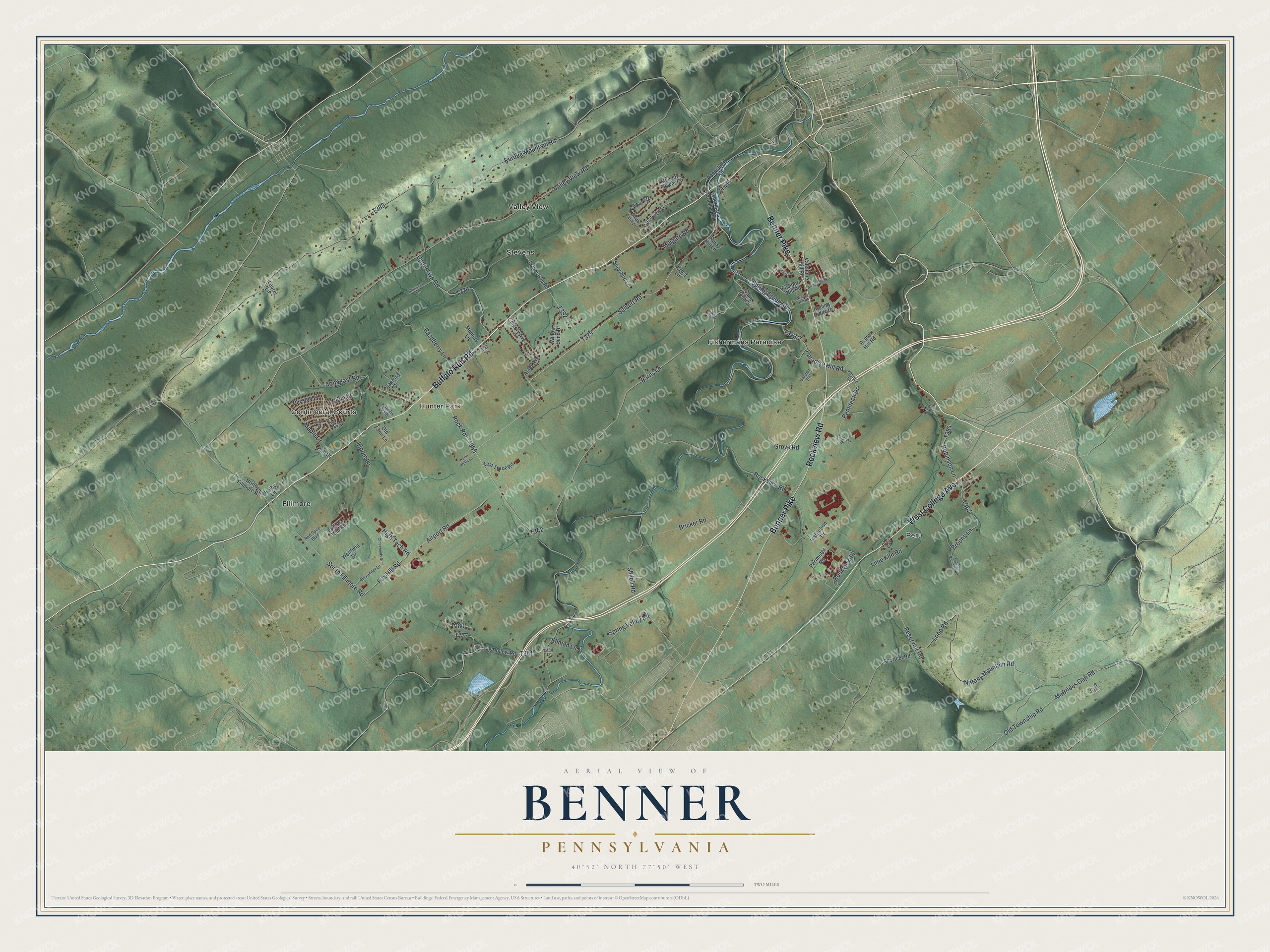 Full map of Benner, Pennsylvania, with red buildings, printed street names and the land around them