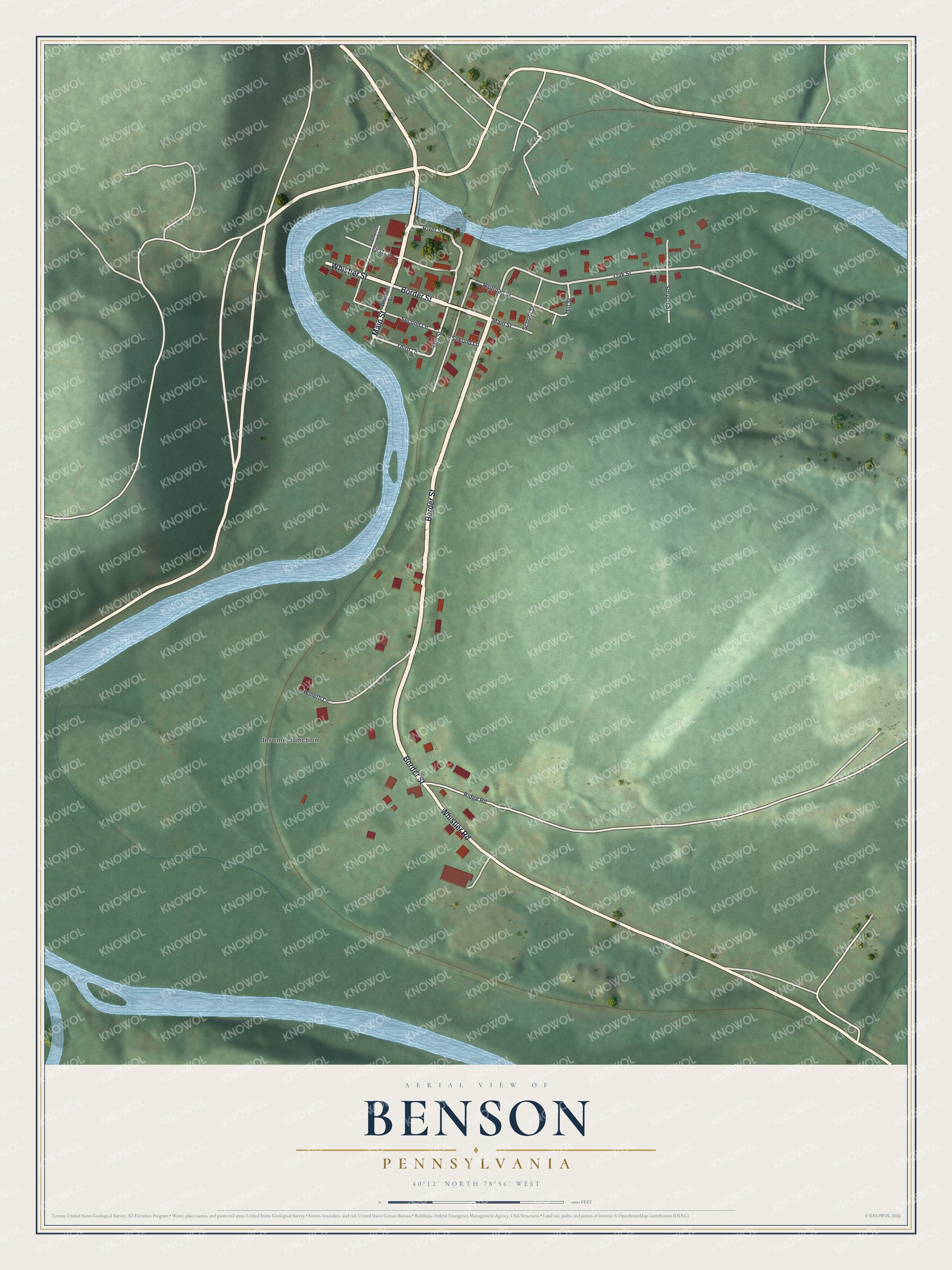 Full map of Benson, Pennsylvania, with red buildings, printed street names and the land around them