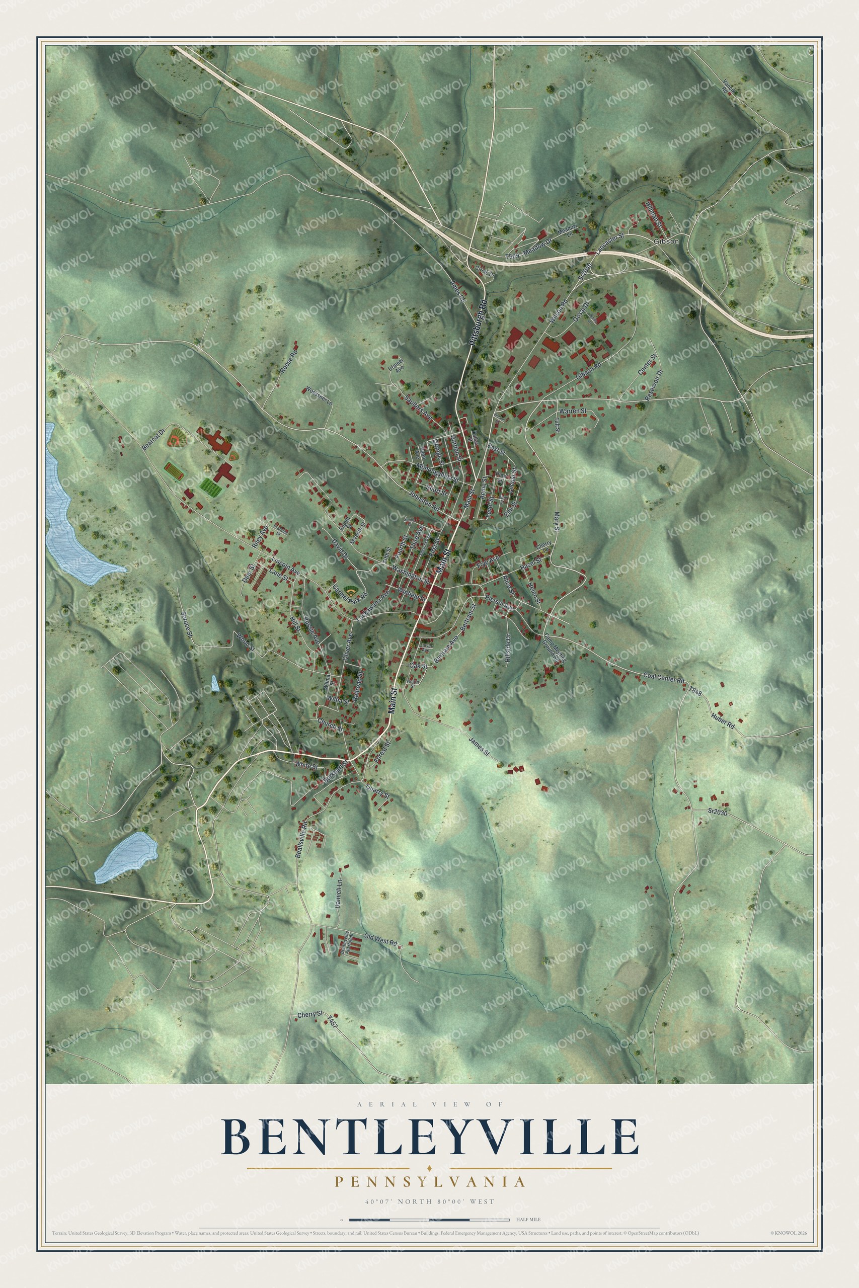 Full map of Bentleyville, Pennsylvania, with red buildings, printed street names and the land around them