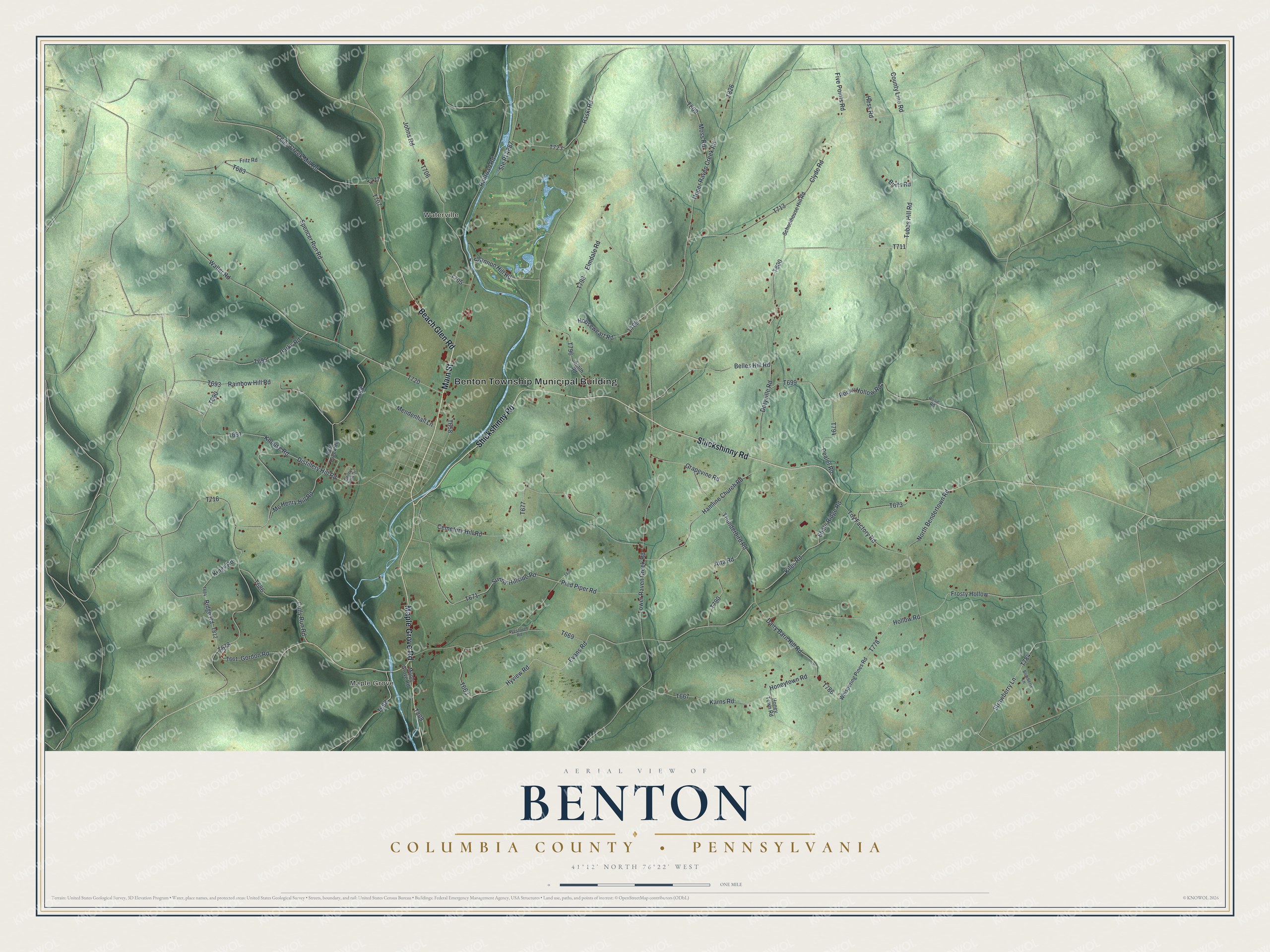 Full map of Benton Township, Columbia County, Pennsylvania, with red buildings, printed street names and the land around them