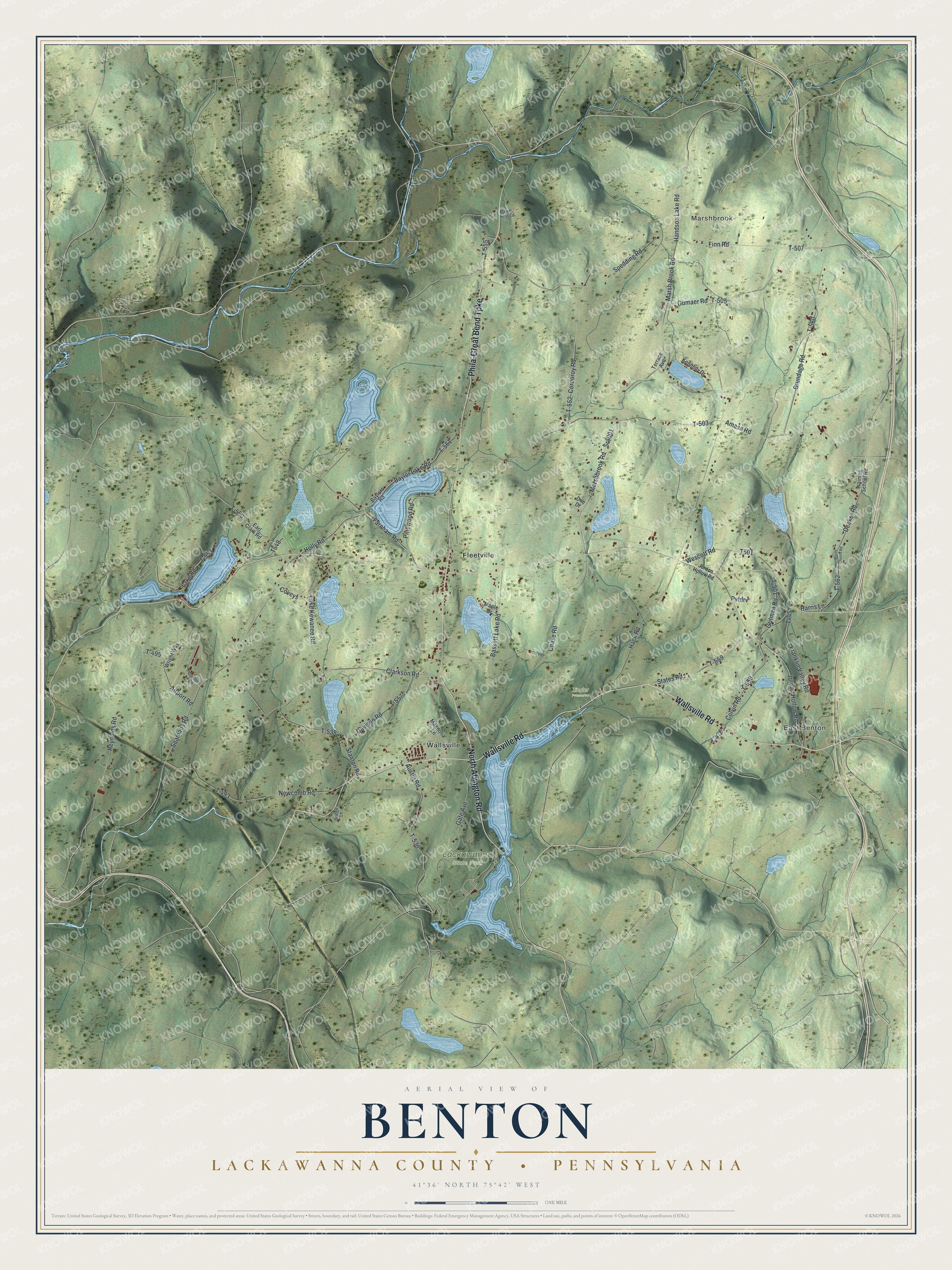 Full map of Benton, Lackawanna County, Pennsylvania, with red buildings, printed street names and the land around them