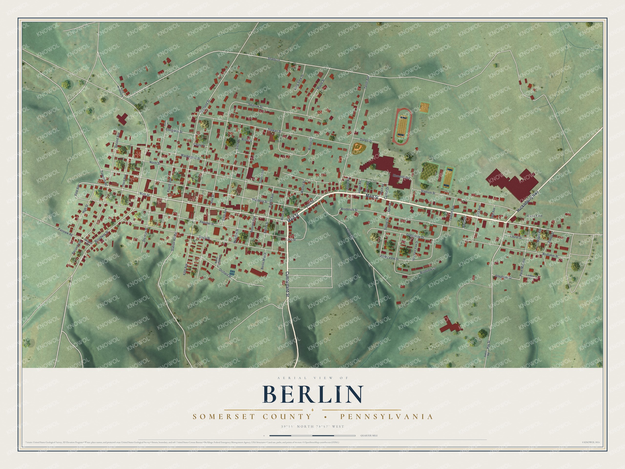 Full map of Berlin, Somerset County, Pennsylvania, with red buildings, printed street names and the land around them