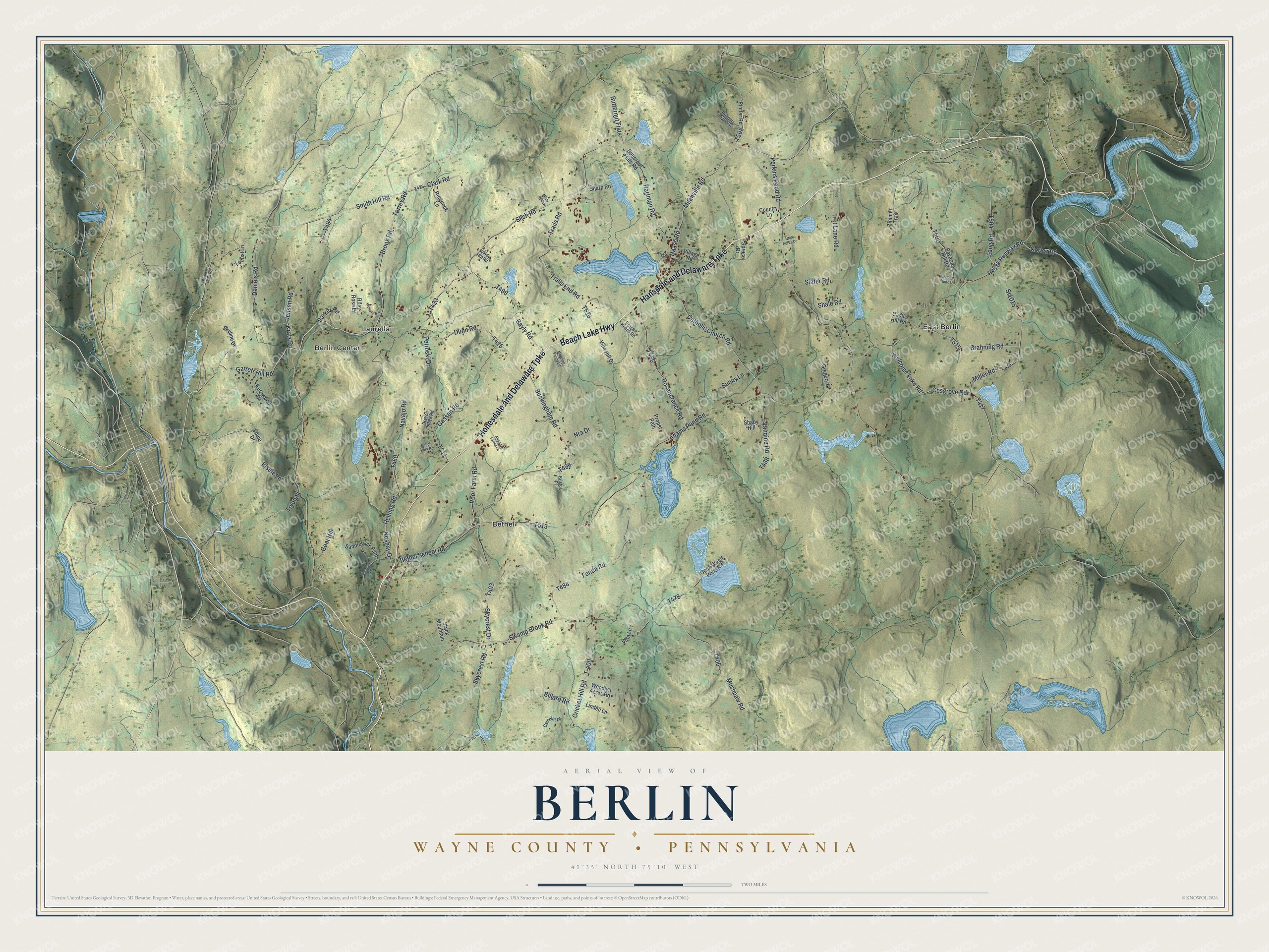 Full map of Berlin, Wayne County, Pennsylvania, with red buildings, printed street names and the land around them