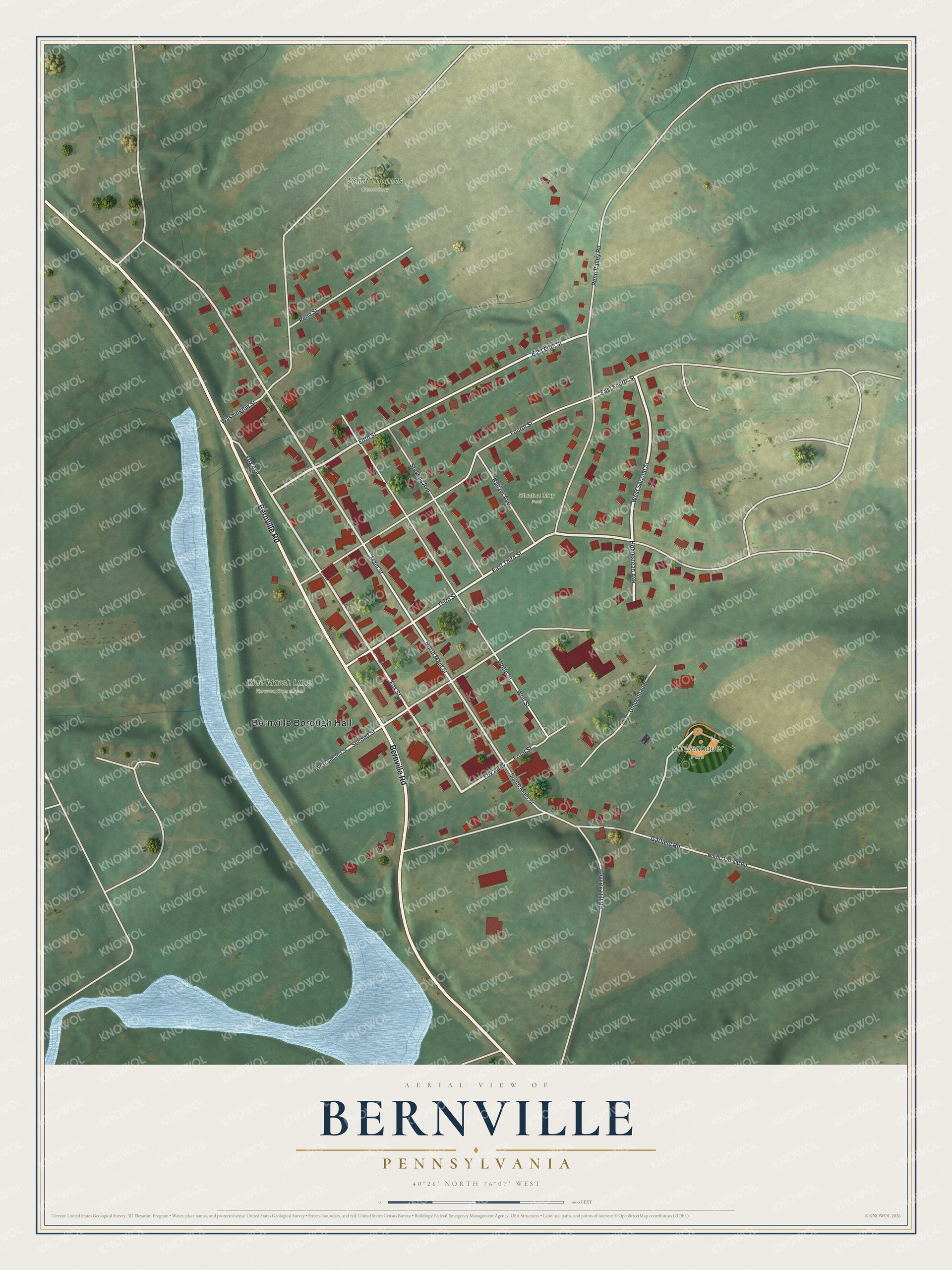 Full map of Bernville, Pennsylvania, with red buildings, printed street names and the land around them