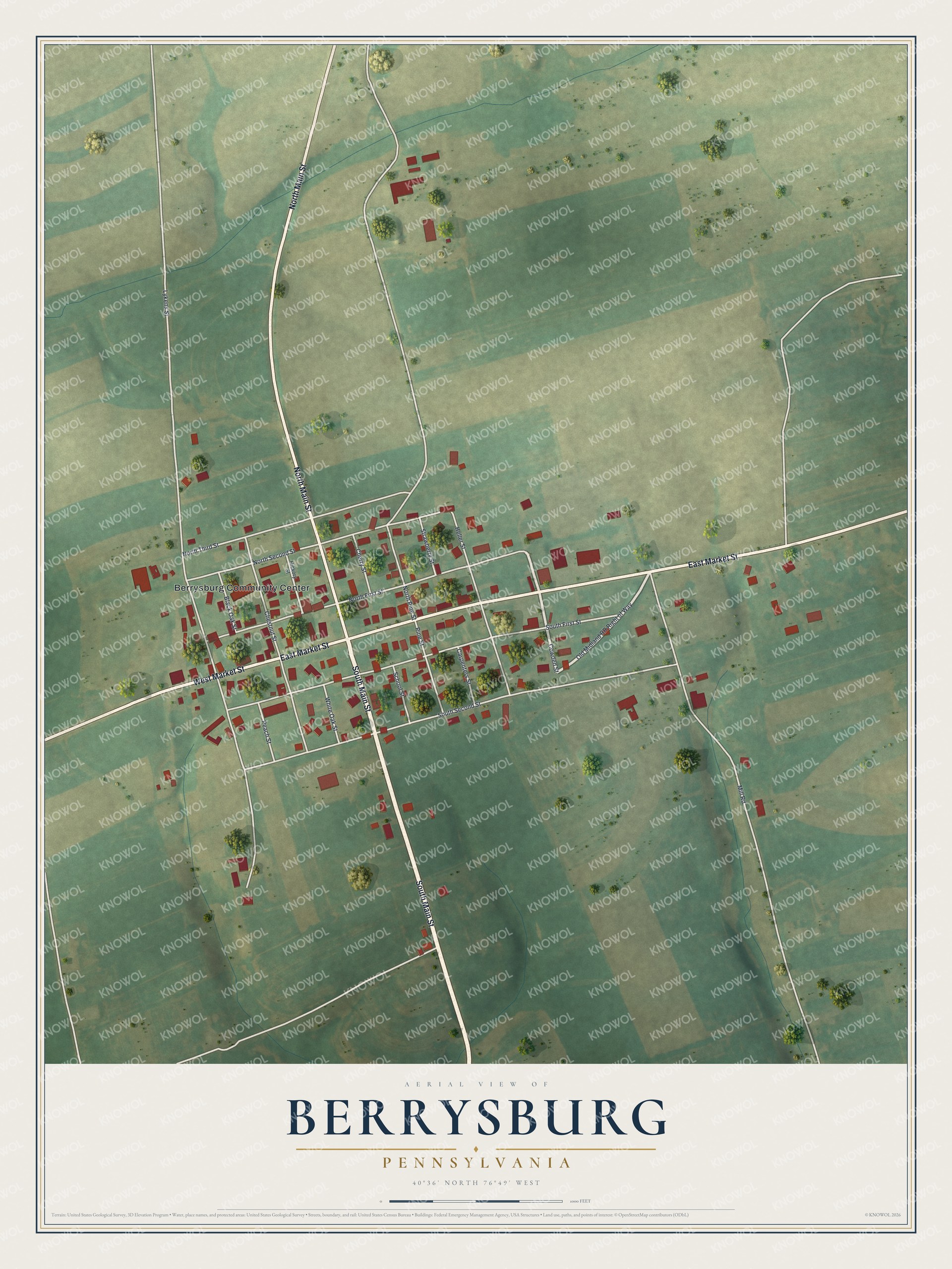 Full map of Berrysburg, Pennsylvania, with red buildings, printed street names and the land around them