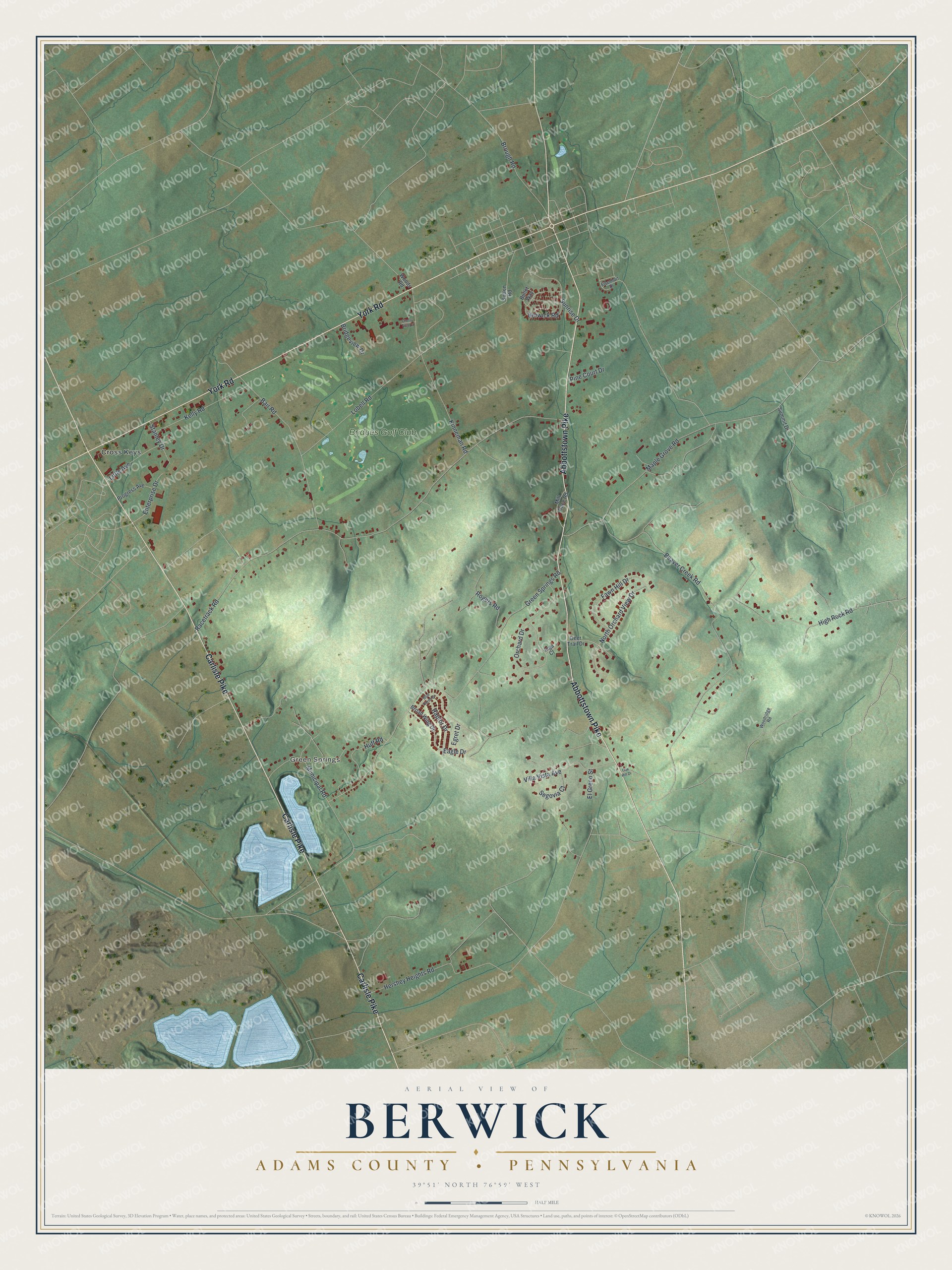 Full map of Berwick, Adams County, Pennsylvania, with red buildings, printed street names and the land around them