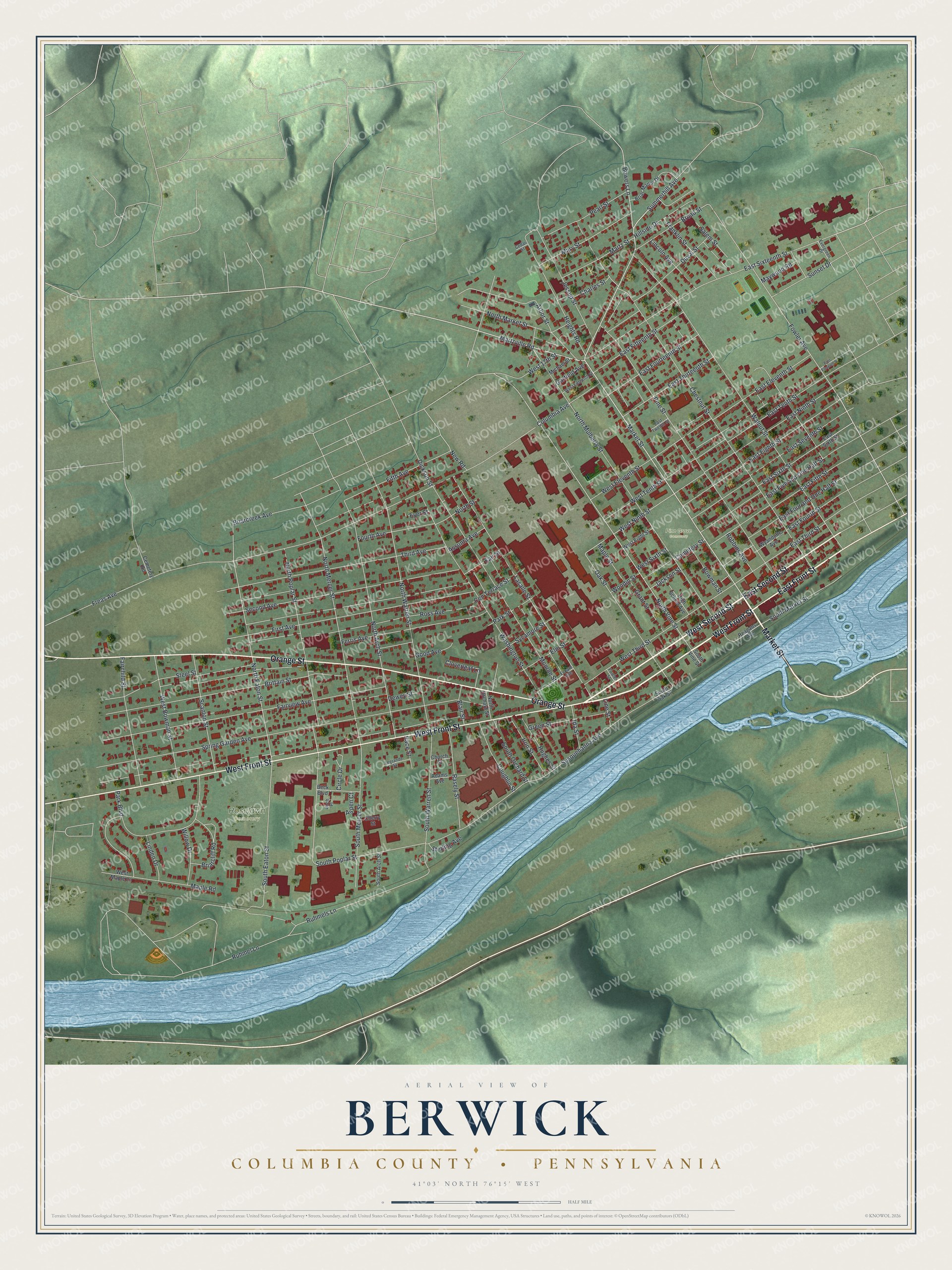 Full map of Berwick, Columbia County, Pennsylvania, with red buildings, printed street names and the land around them