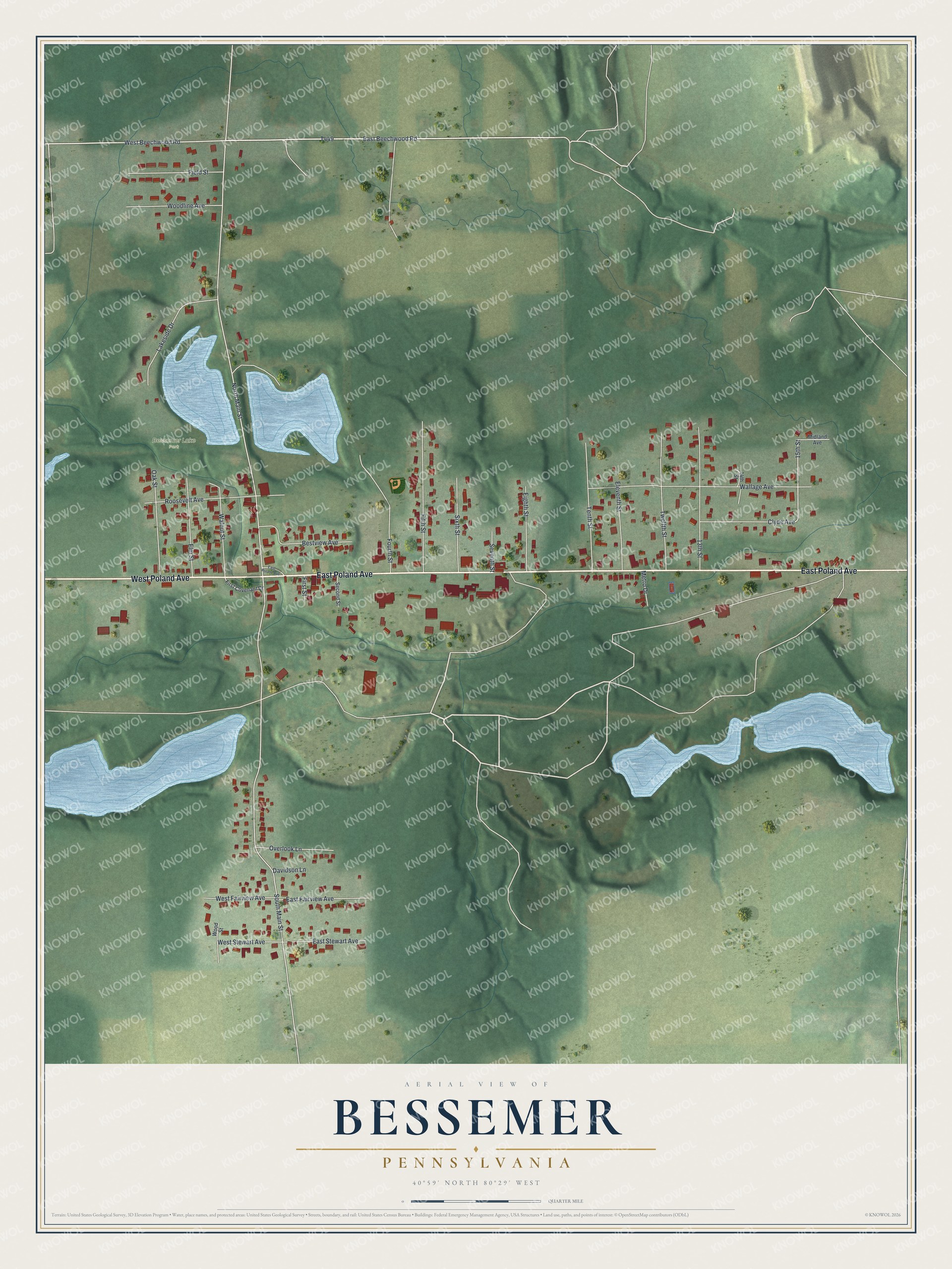Full map of Bessemer, Pennsylvania, with red buildings, printed street names and the land around them