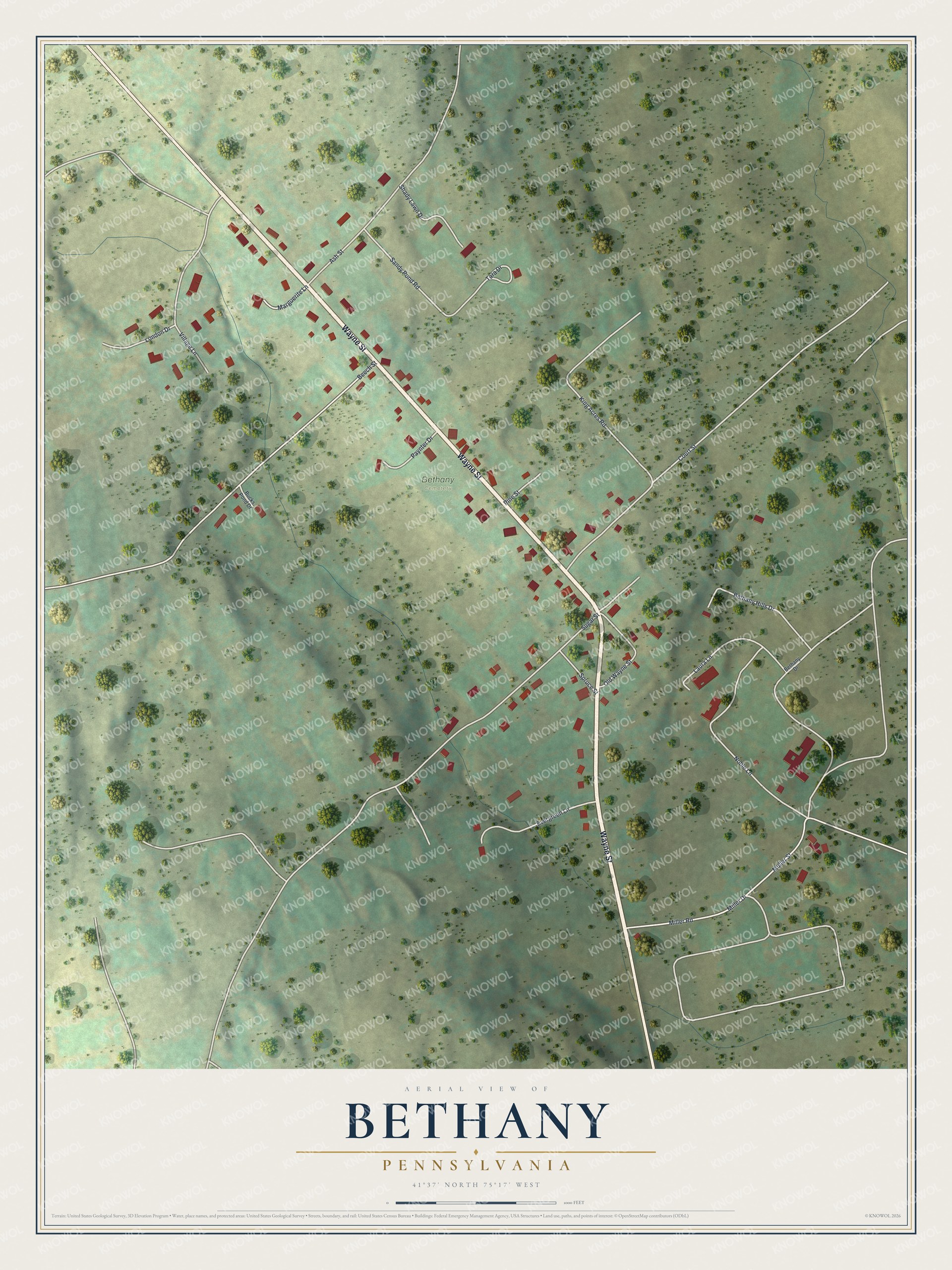 Full map of Bethany, Pennsylvania, with red buildings, printed street names and the land around them